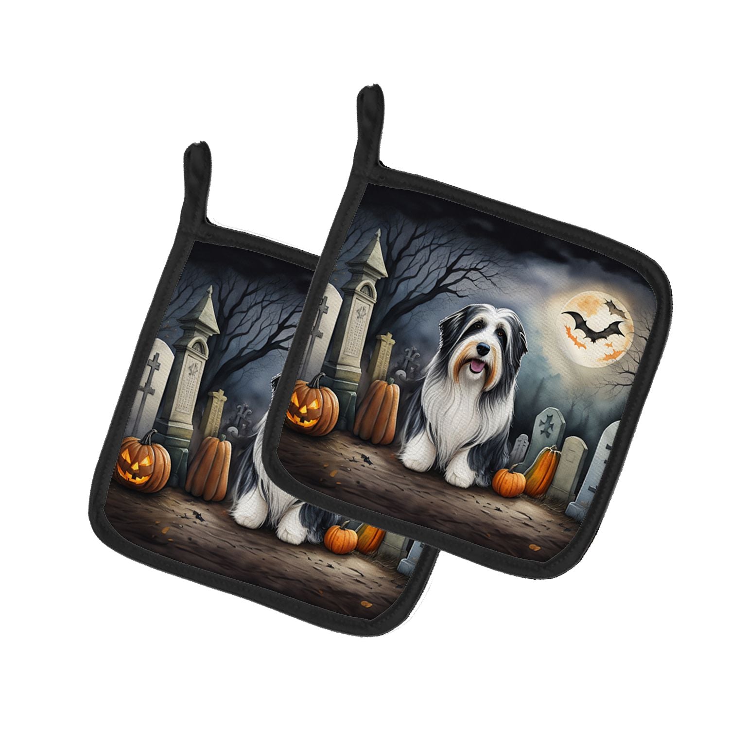 Bearded Collie Spooky Halloween Pair of Pot Holders Kitchen Heat Resistant Pot Holders Sets Oven Hot Pads for Cooking Baking BBQ