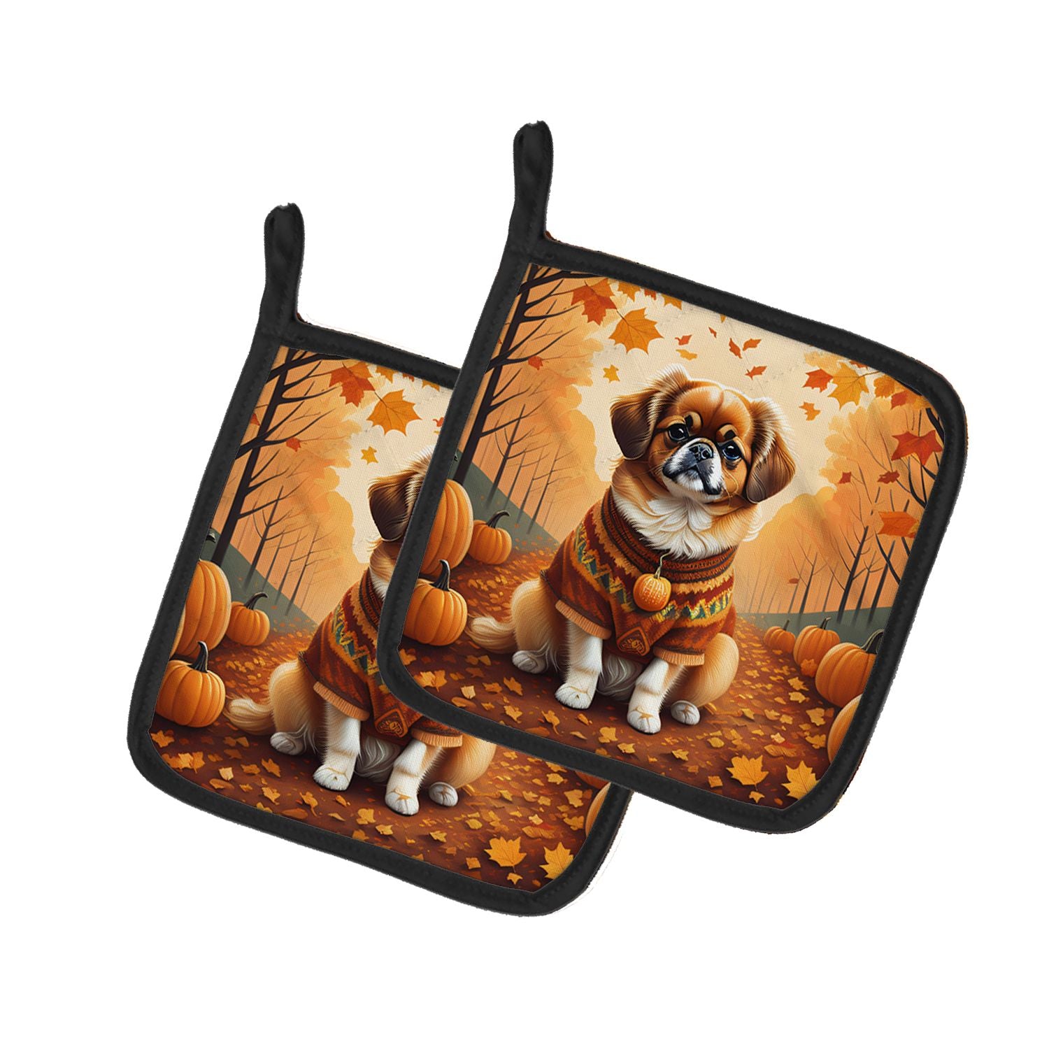 Tibetan Spaniel Fall Pair of Pot Holders Kitchen Heat Resistant Pot Holders Sets Oven Hot Pads for Cooking Baking BBQ, 7 1/2 x 7