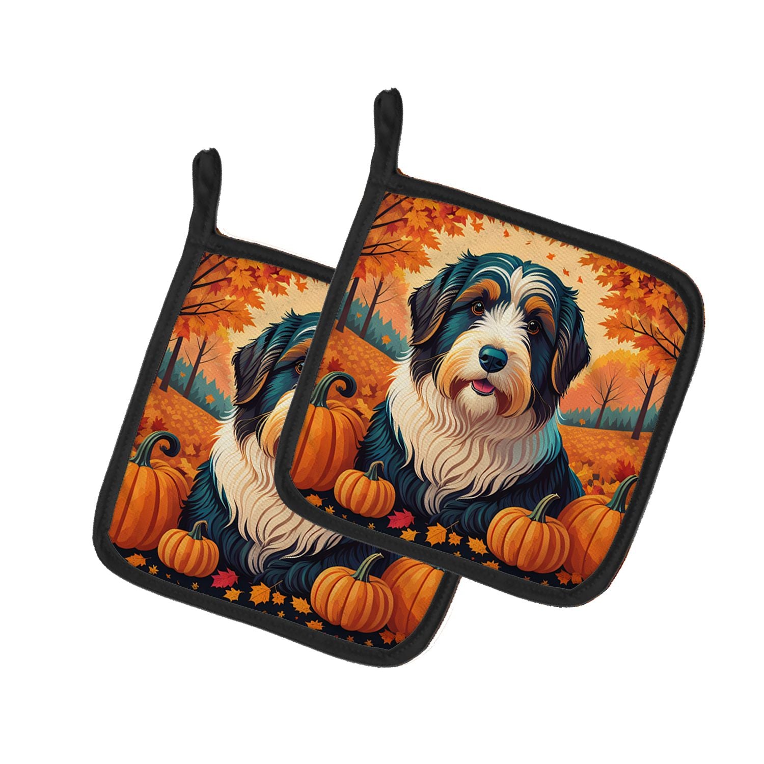 Bearded Collie Fall Pair of Pot Holders Kitchen Heat Resistant Pot Holders Sets Oven Hot Pads for Cooking Baking BBQ, 7 1/2 x 7 