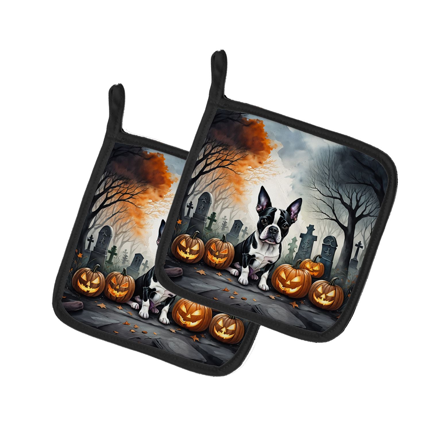 Boston Terrier Spooky Halloween Pair of Pot Holders Kitchen Heat Resistant Pot Holders Sets Oven Hot Pads for Cooking Baking BBQ