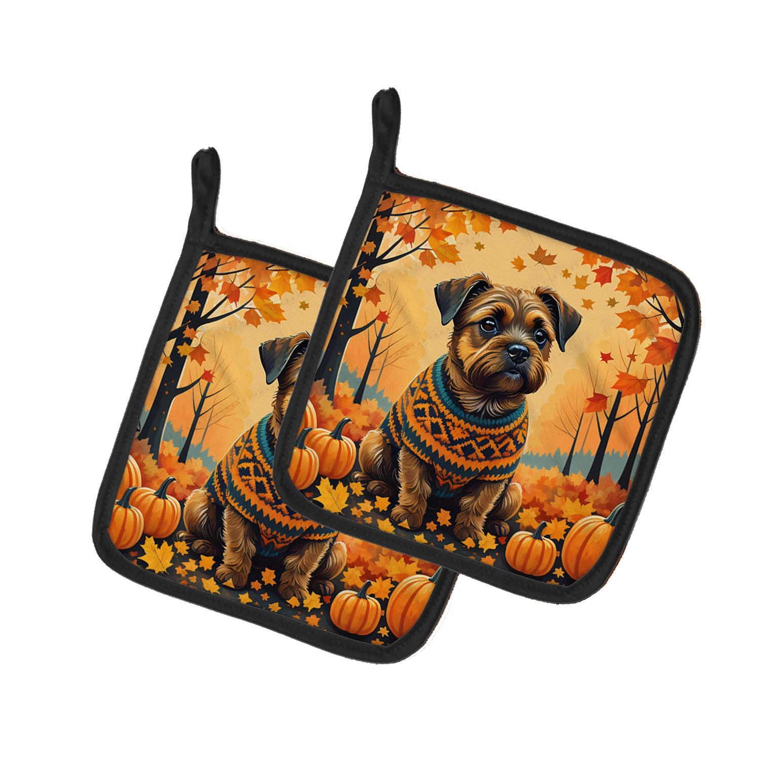 Border Terrier Fall Pair of Pot Holders Kitchen Heat Resistant Pot Holders Sets Oven Hot Pads for Cooking Baking BBQ, 7 1/2 x 7 