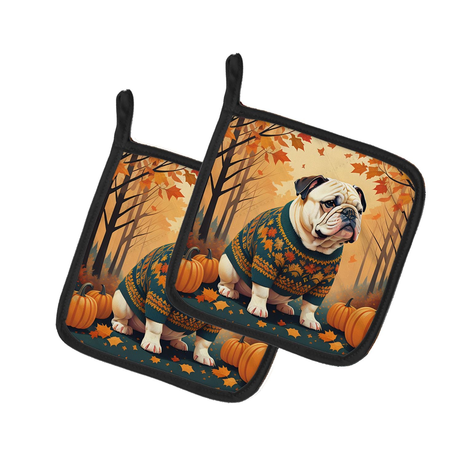 White English Bulldog Fall Pair of Pot Holders Kitchen Heat Resistant Pot Holders Sets Oven Hot Pads for Cooking Baking BBQ, 7 1