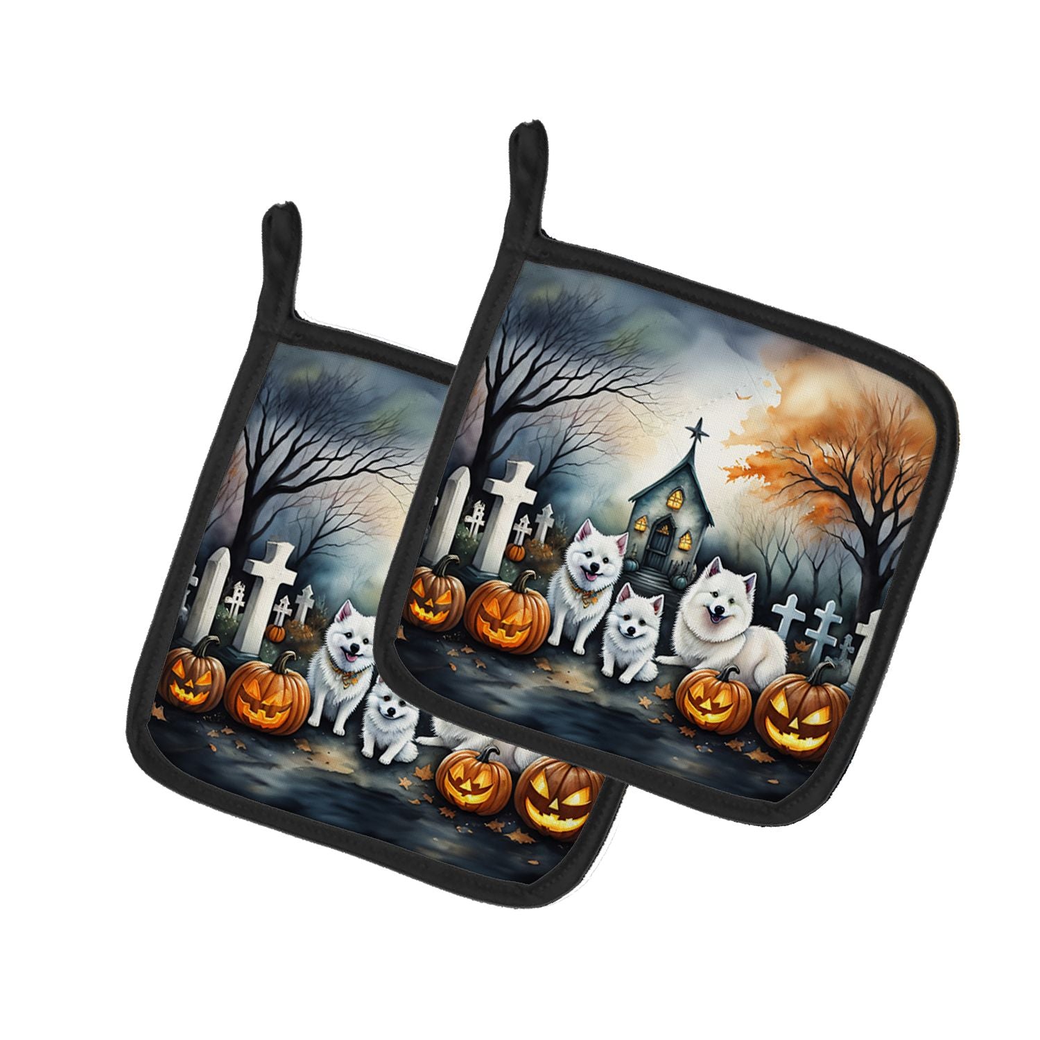 American Eskimo Spooky Halloween Pair of Pot Holders Kitchen Heat Resistant Pot Holders Sets Oven Hot Pads for Cooking Baking BB