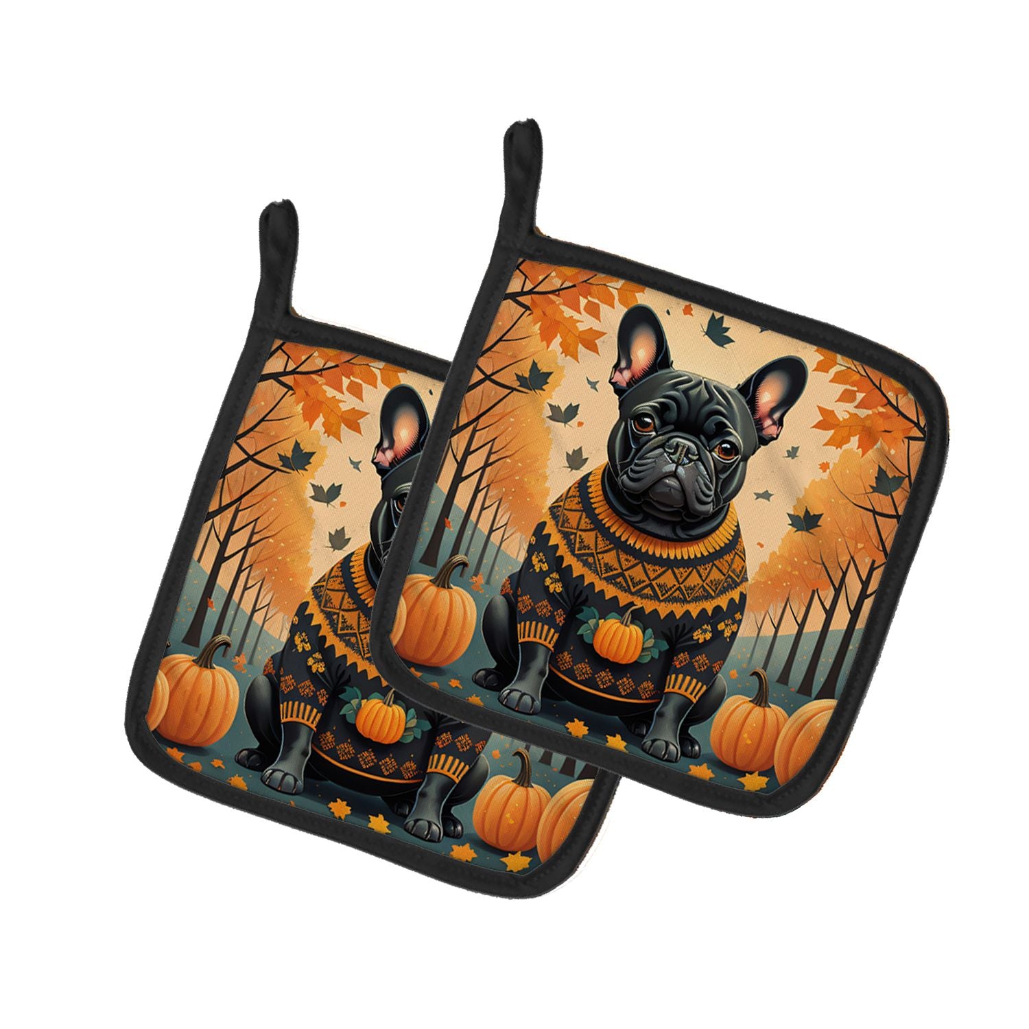 Black French Bulldog Fall Pair of Pot Holders Kitchen Heat Resistant Pot Holders Sets Oven Hot Pads for Cooking Baking BBQ, 7 1/
