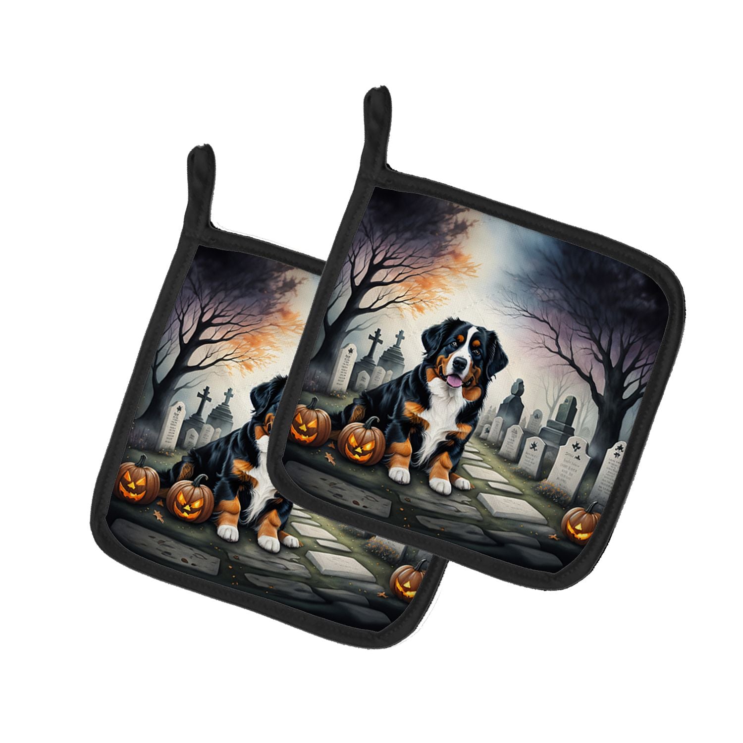 Bernese Mountain Dog Spooky Halloween Pair of Pot Holders Kitchen Heat Resistant Pot Holders Sets Oven Hot Pads for Cooking Baki