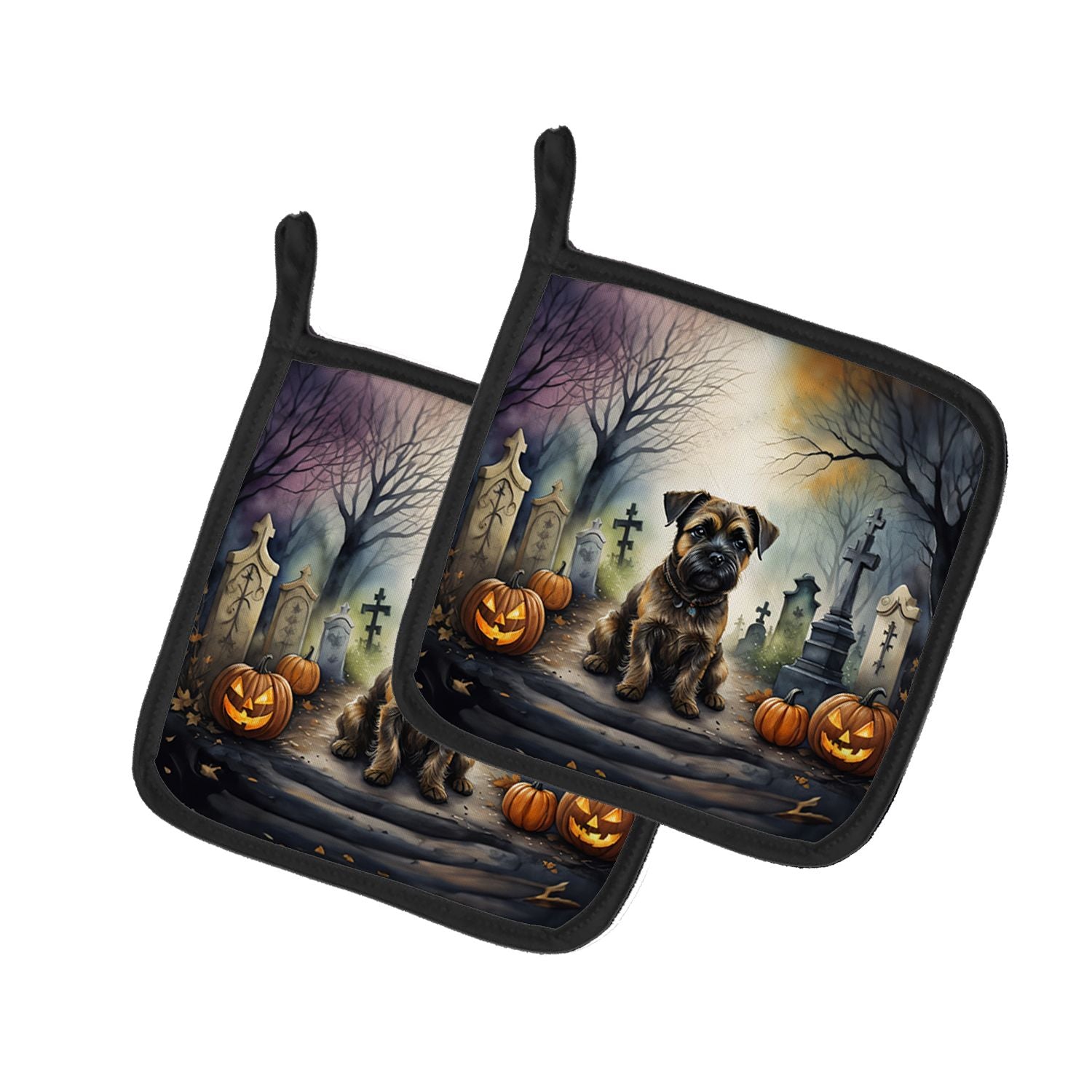 Border Terrier Spooky Halloween Pair of Pot Holders Kitchen Heat Resistant Pot Holders Sets Oven Hot Pads for Cooking Baking BBQ