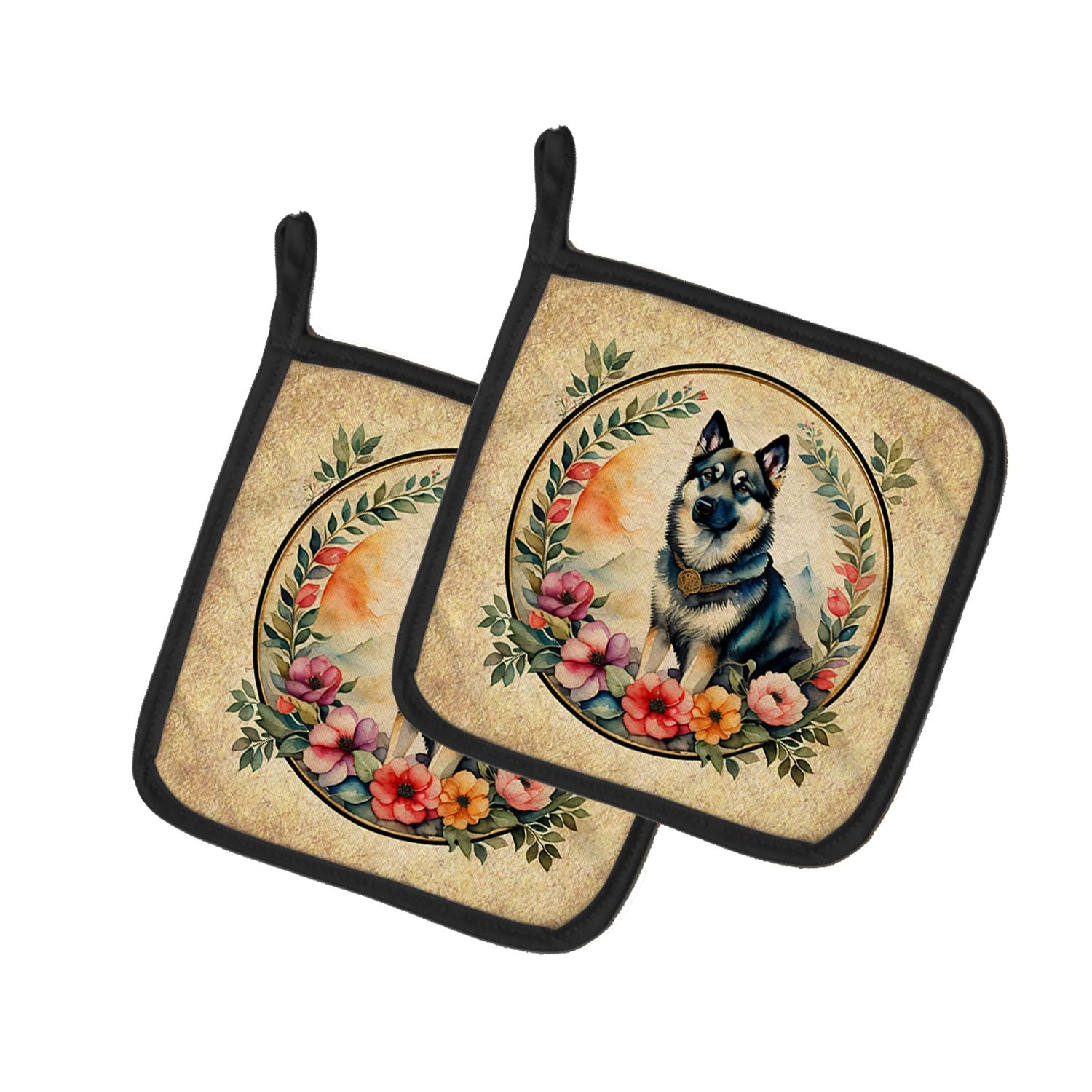Norwegian Elkhound and Flowers Pair of Pot Holders Kitchen Heat Resistant Pot Holders Sets Oven Hot Pads for Cooking Baking BBQ,