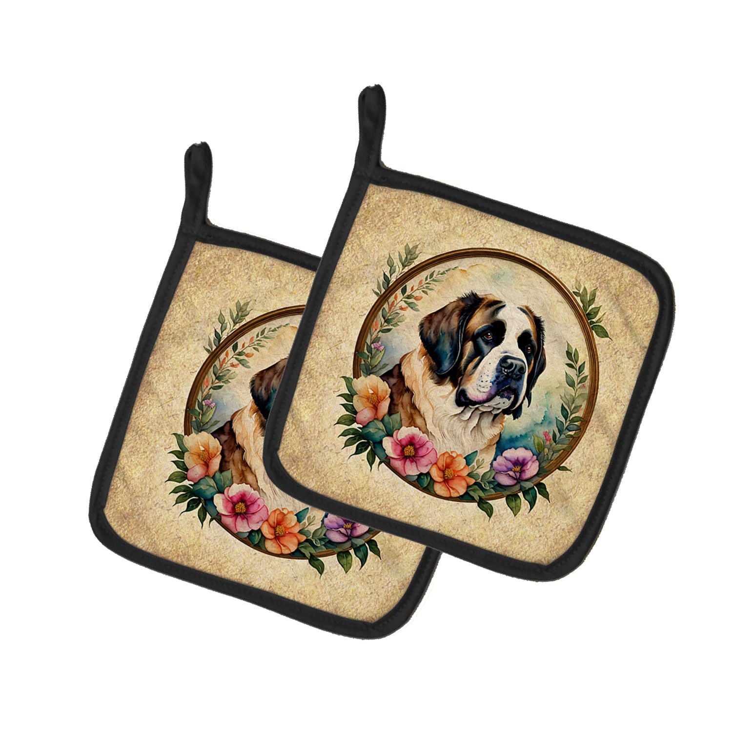 Saint Bernard and Flowers Pair of Pot Holders Kitchen Heat Resistant Pot Holders Sets Oven Hot Pads for Cooking Baking BBQ, 7 1/