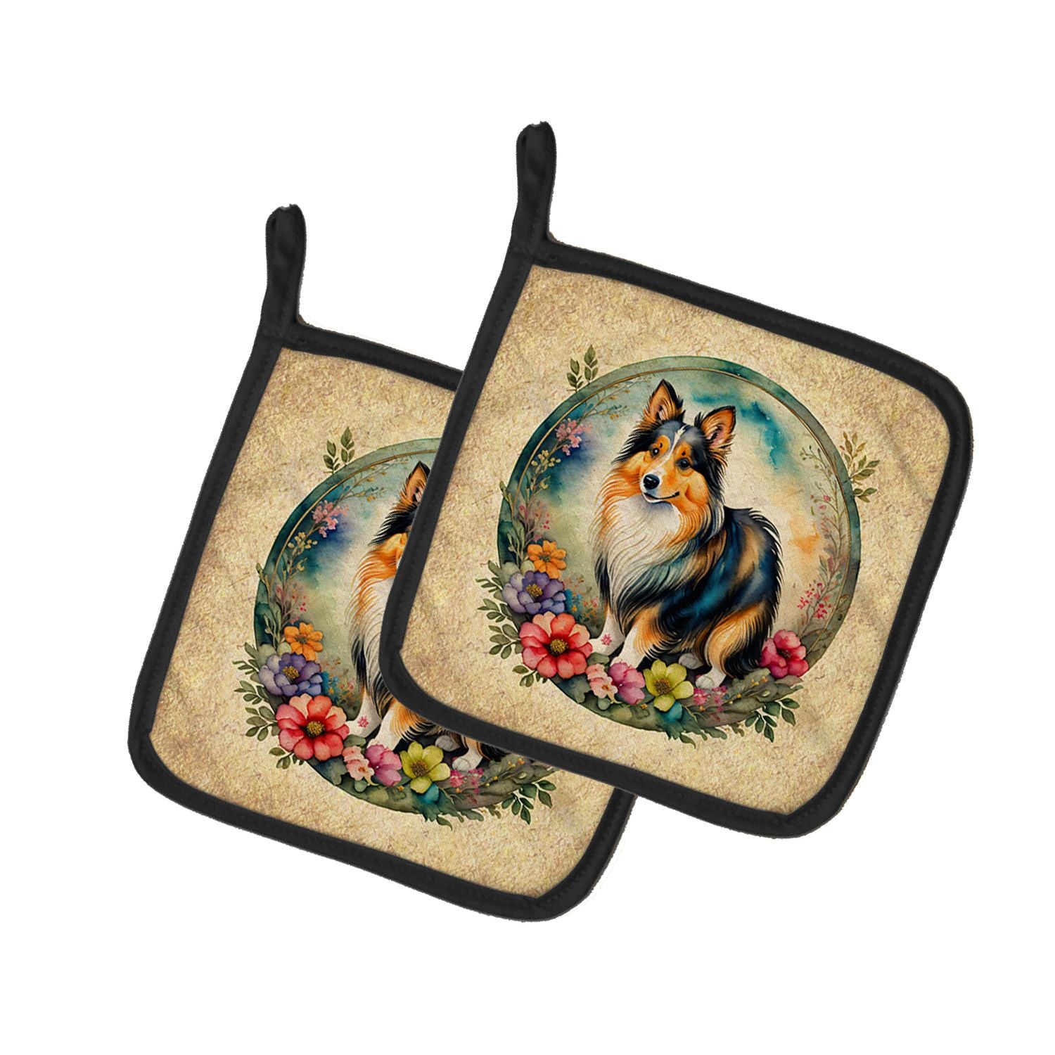 Sheltie and Flowers Pair of Pot Holders Kitchen Heat Resistant Pot Holders Sets Oven Hot Pads for Cooking Baking BBQ, 7 1/2 x 7 