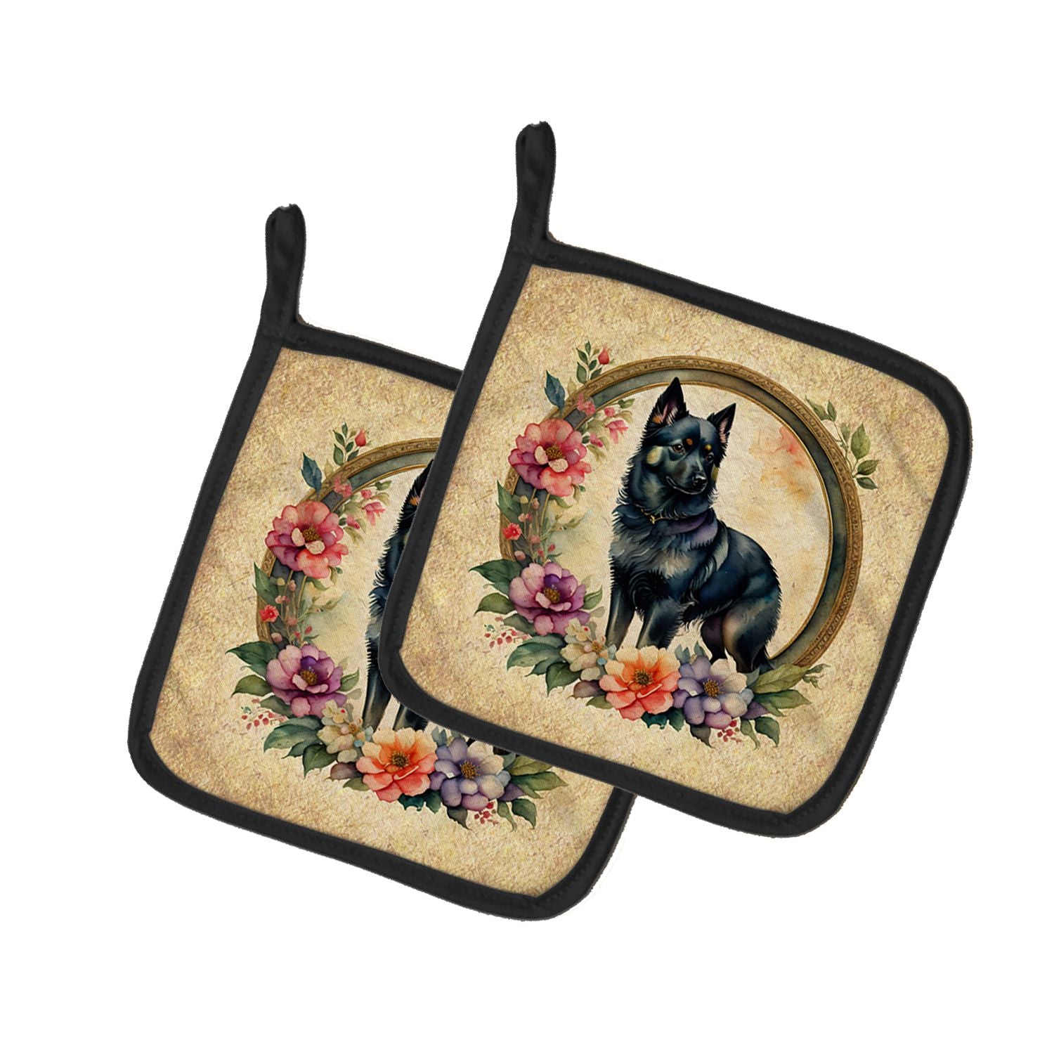 Schipperke and Flowers Pair of Pot Holders Kitchen Heat Resistant Pot Holders Sets Oven Hot Pads for Cooking Baking BBQ, 7 1/2 x
