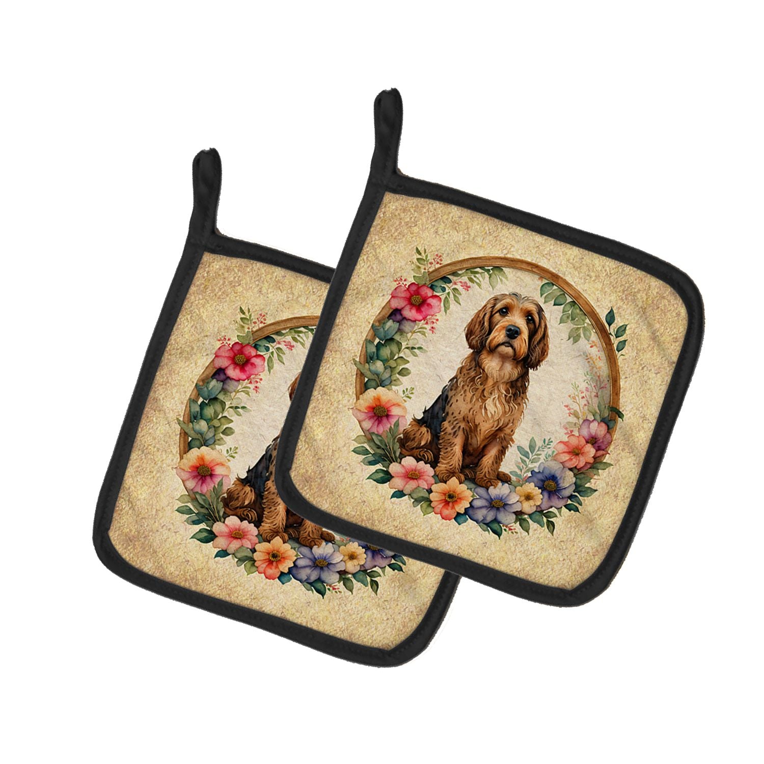 Otterhound and Flowers Pair of Pot Holders Kitchen Heat Resistant Pot Holders Sets Oven Hot Pads for Cooking Baking BBQ, 7 1/2 x