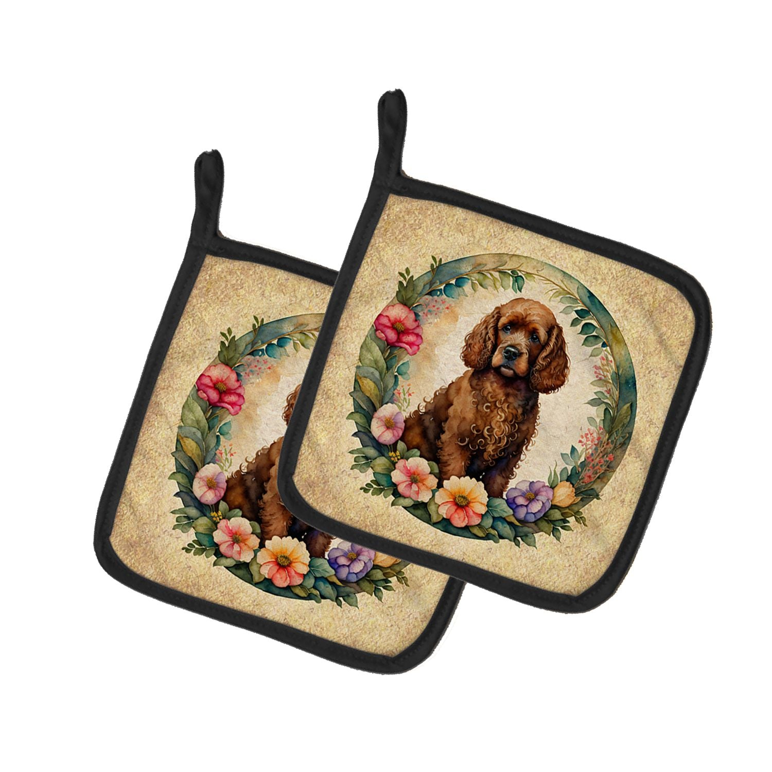 Irish Water Spaniel and Flowers Pair of Pot Holders Kitchen Heat Resistant Pot Holders Sets Oven Hot Pads for Cooking Baking BBQ