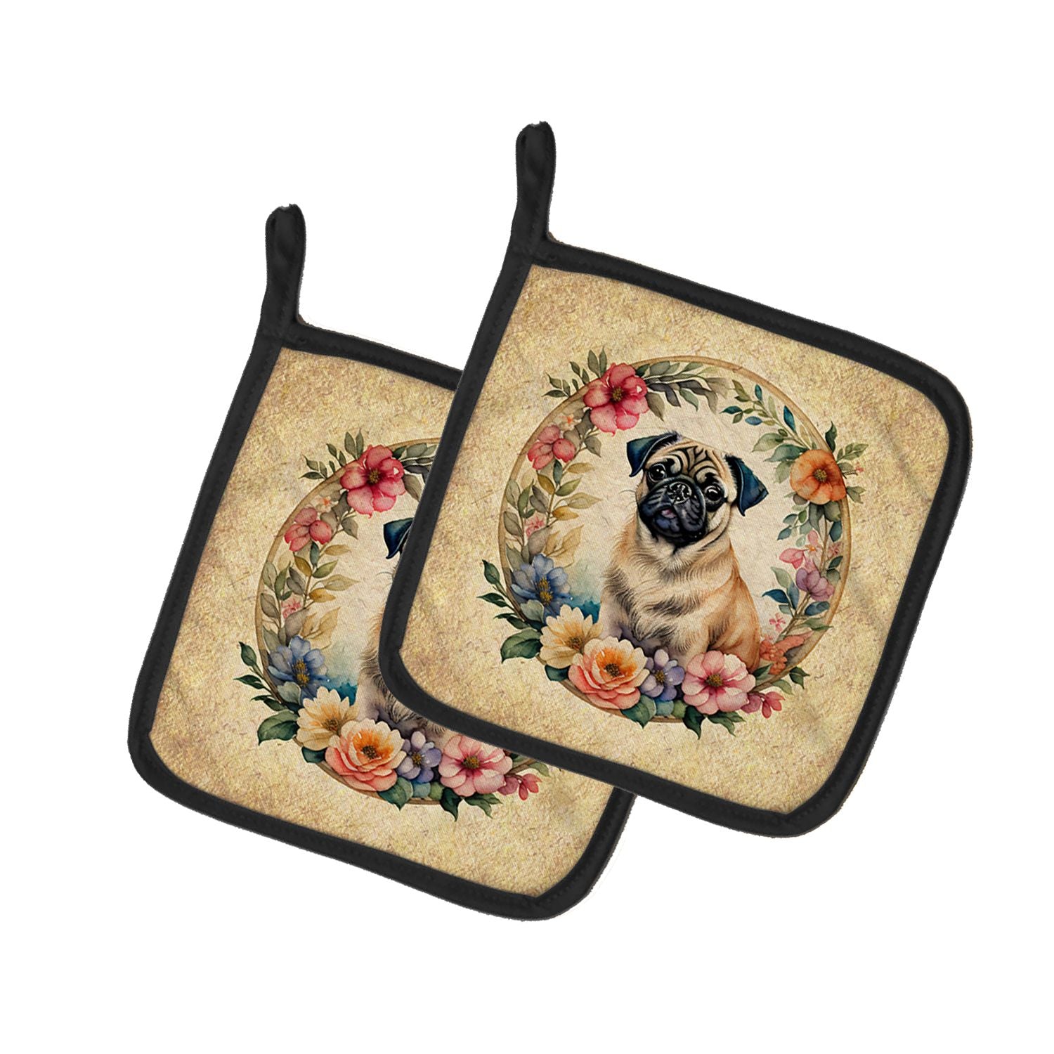 Fawn Pug and Flowers Pair of Pot Holders Kitchen Heat Resistant Pot Holders Sets Oven Hot Pads for Cooking Baking BBQ, 7 1/2 x 7