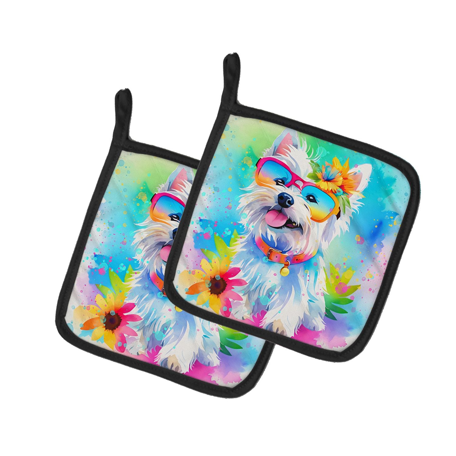 Westie Hippie Dawg Pair of Pot Holders Kitchen Heat Resistant Pot Holders Sets Oven Hot Pads for Cooking Baking BBQ, 7 1/2 x 7 1
