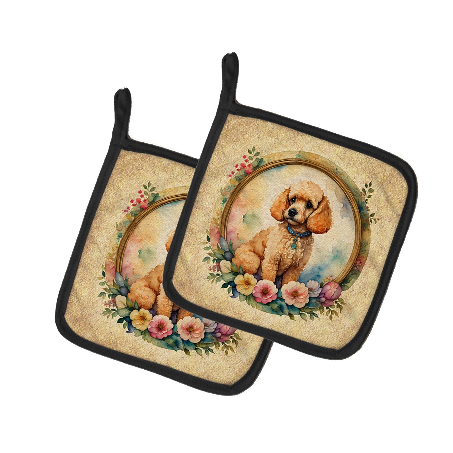 Poodle and Flowers Pair of Pot Holders Kitchen Heat Resistant Pot Holders Sets Oven Hot Pads for Cooking Baking BBQ, 7 1/2 x 7 1