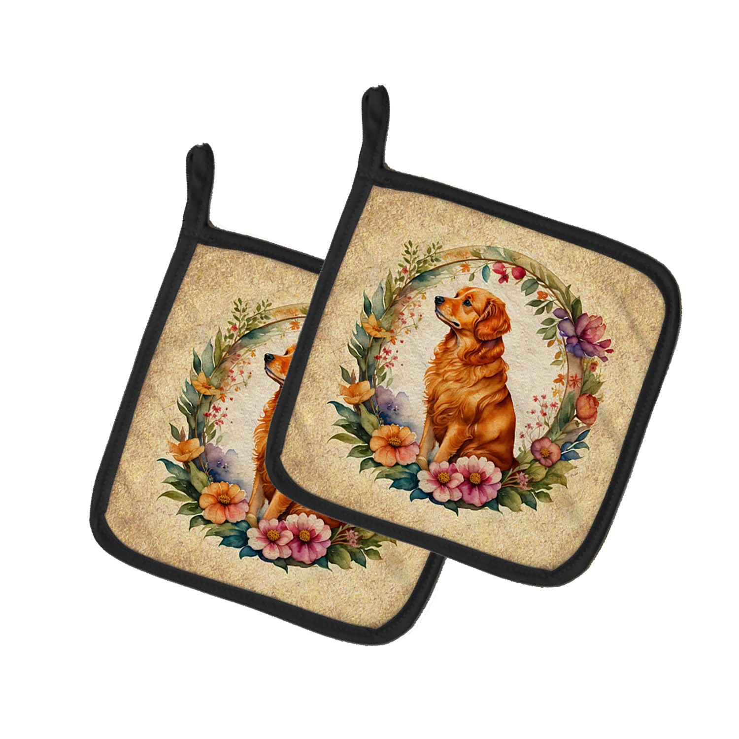 Nova Scotia Duck Tolling Retriever and Flowers Pair of Pot Holders Kitchen Heat Resistant Pot Holders Sets Oven Hot Pads for Coo