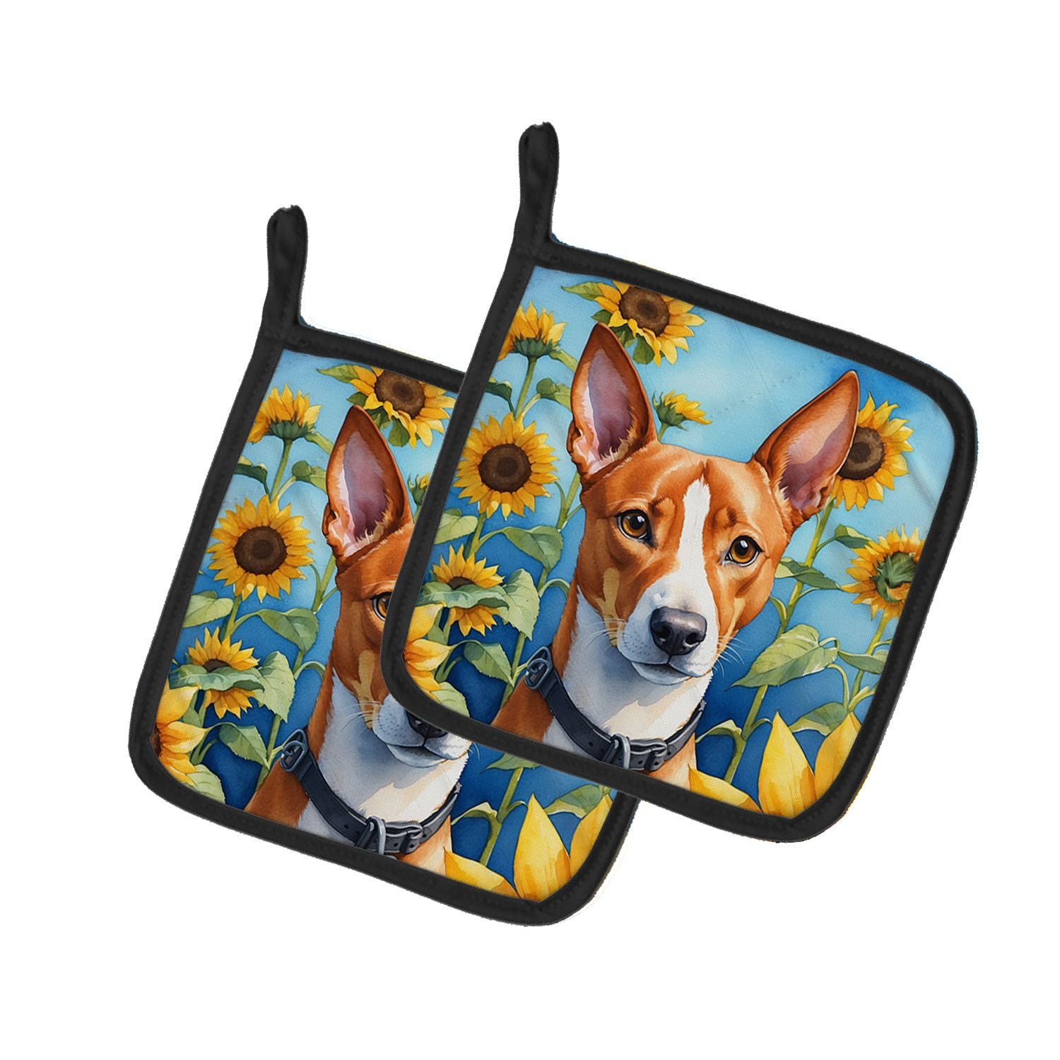 Basenji in Sunflowers Pair of Pot Holders Kitchen Heat Resistant Pot Holders Sets Oven Hot Pads for Cooking Baking BBQ, 7 1/2 x 