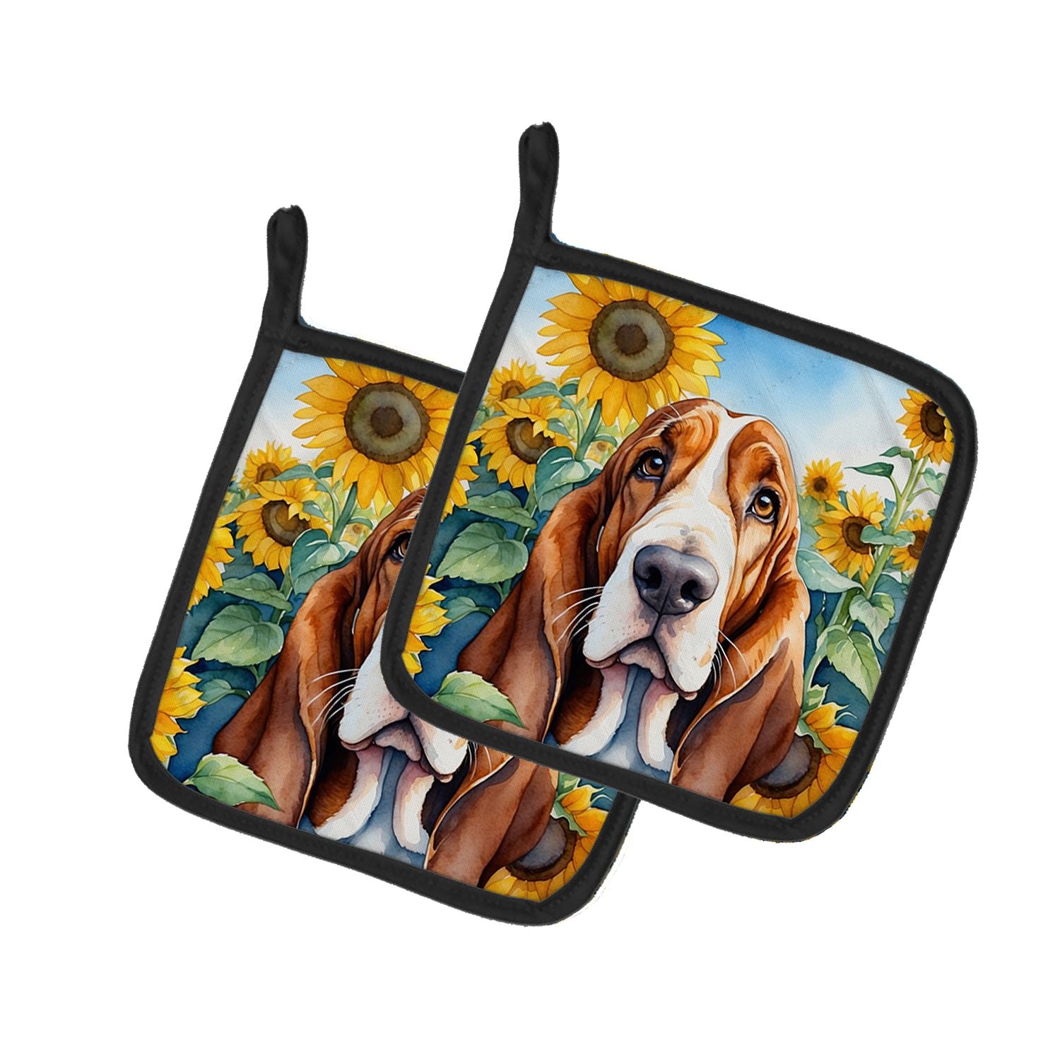 Basset Hound in Sunflowers Pair of Pot Holders Kitchen Heat Resistant Pot Holders Sets Oven Hot Pads for Cooking Baking BBQ, 7 1