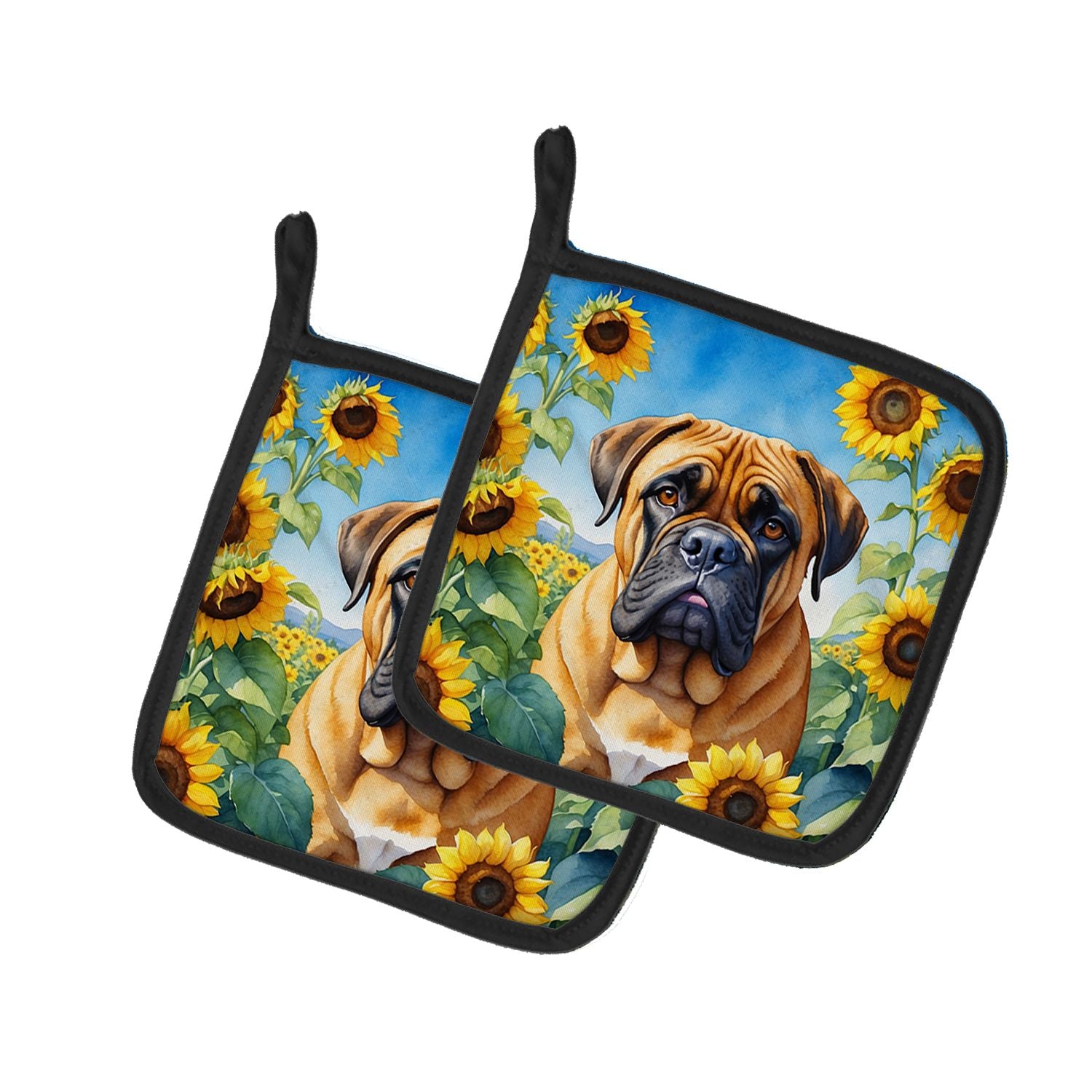 Bullmastiff in Sunflowers Pair of Pot Holders Kitchen Heat Resistant Pot Holders Sets Oven Hot Pads for Cooking Baking BBQ, 7 1/
