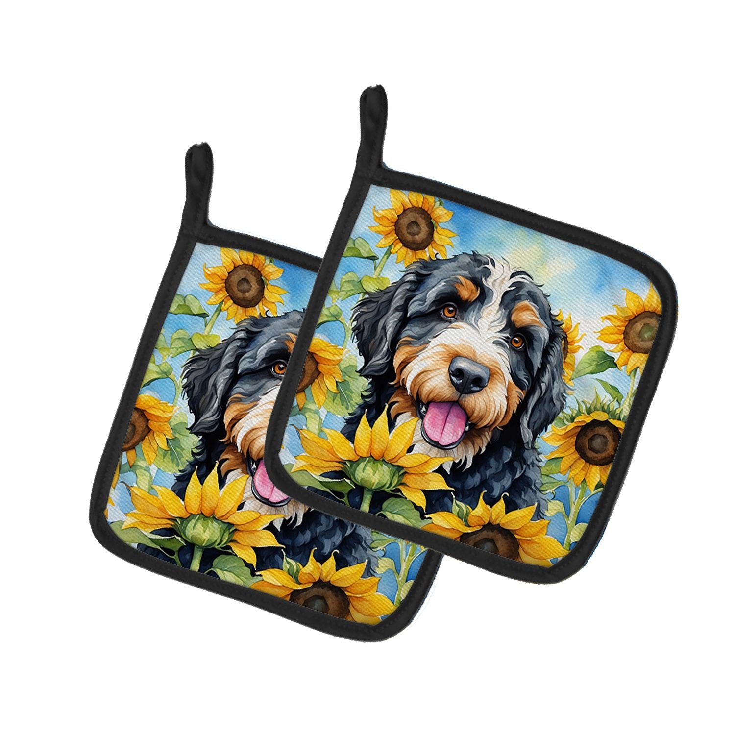 Bernedoodle in Sunflowers Pair of Pot Holders Kitchen Heat Resistant Pot Holders Sets Oven Hot Pads for Cooking Baking BBQ, 7 1/