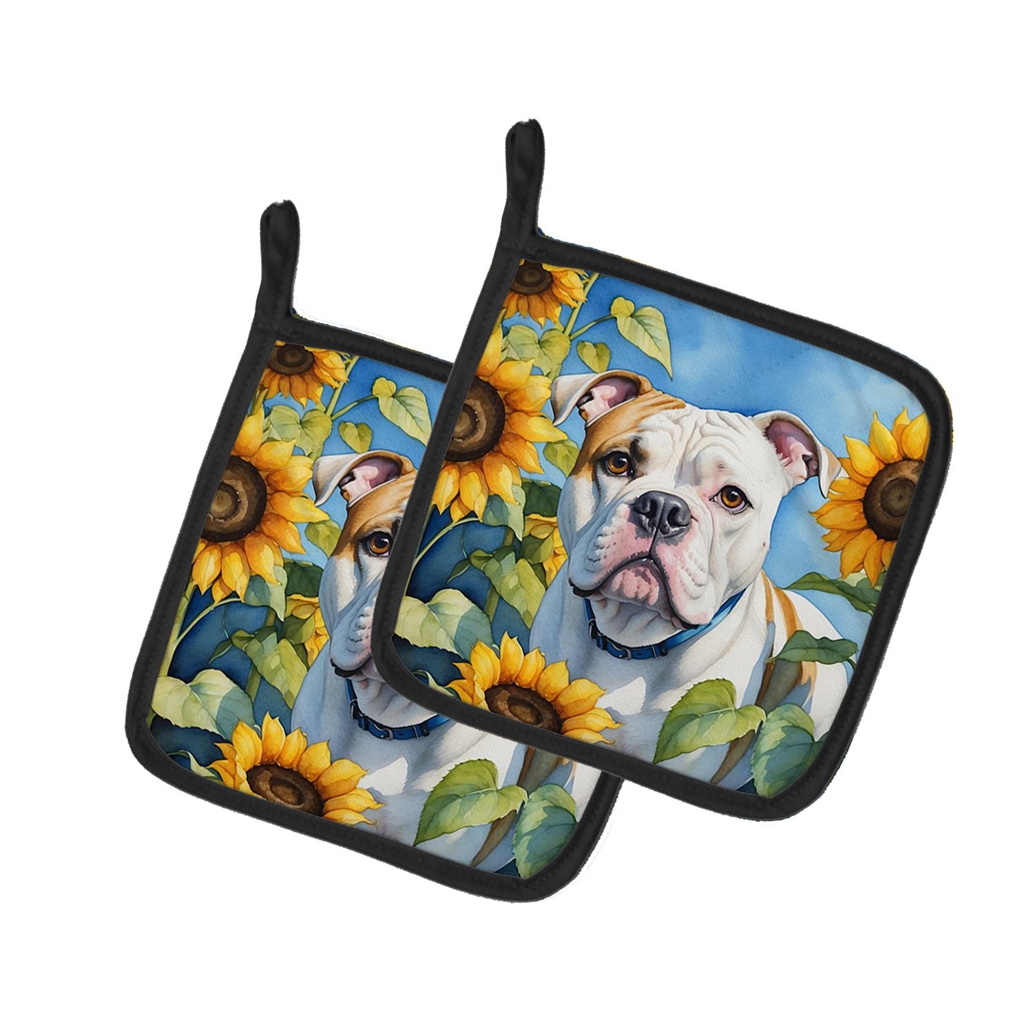 American Bulldog in Sunflowers Pair of Pot Holders Kitchen Heat Resistant Pot Holders Sets Oven Hot Pads for Cooking Baking BBQ,