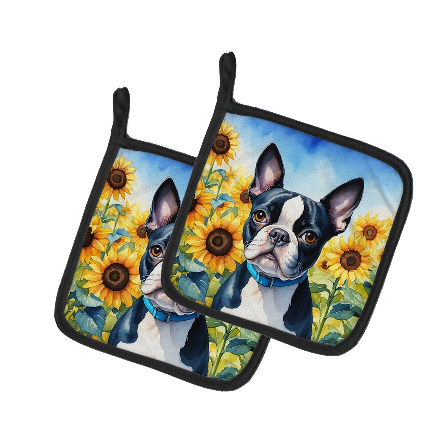 Boston Terrier in Sunflowers Pair of Pot Holders Kitchen Heat Resistant Pot Holders Sets Oven Hot Pads for Cooking Baking BBQ, 7