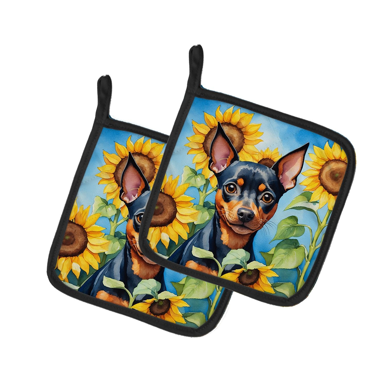Miniature Pinscher in Sunflowers Pair of Pot Holders Kitchen Heat Resistant Pot Holders Sets Oven Hot Pads for Cooking Baking BB