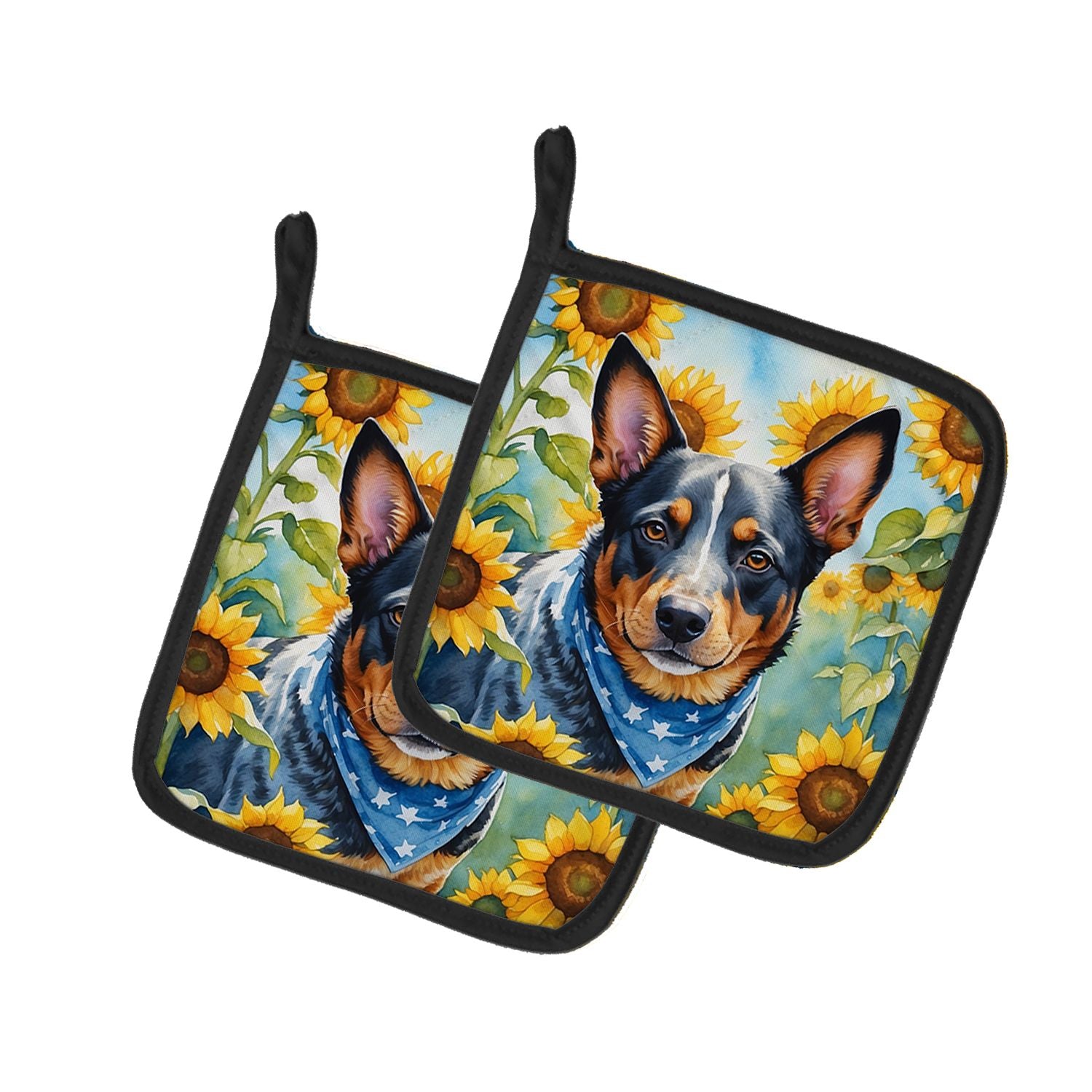 Australian Cattle Dog in Sunflowers Pair of Pot Holders Kitchen Heat Resistant Pot Holders Sets Oven Hot Pads for Cooking Baking