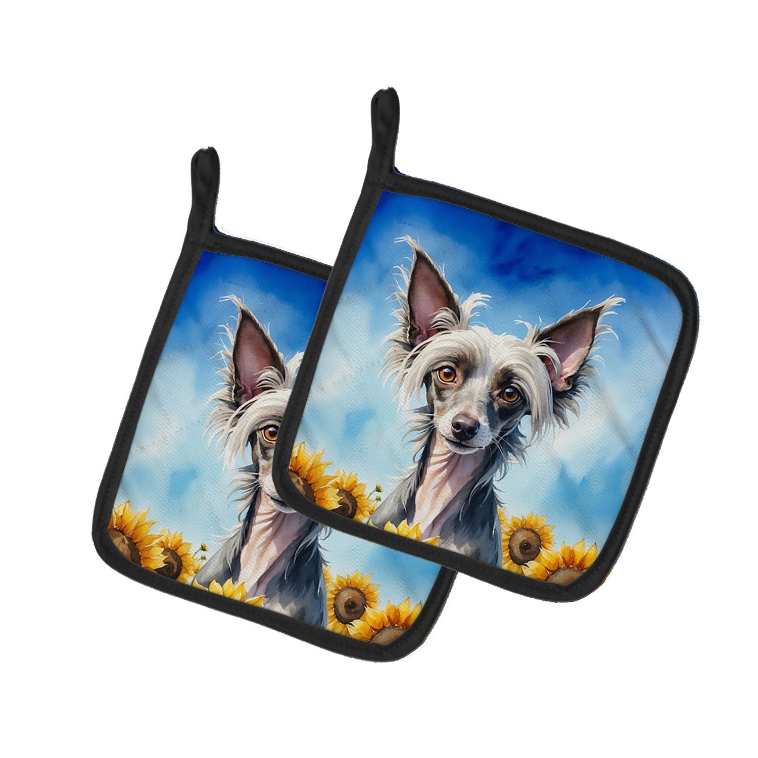 Chinese Crested in Sunflowers Pair of Pot Holders Kitchen Heat Resistant Pot Holders Sets Oven Hot Pads for Cooking Baking BBQ, 