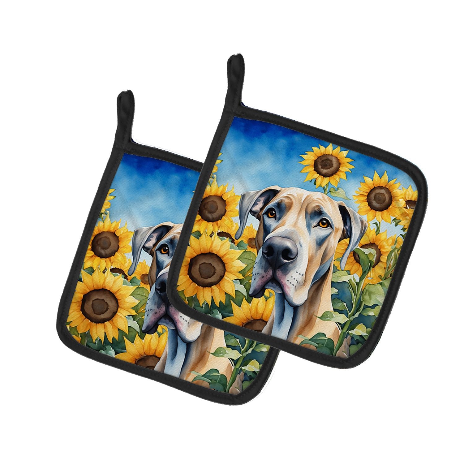 Great Dane in Sunflowers Pair of Pot Holders Kitchen Heat Resistant Pot Holders Sets Oven Hot Pads for Cooking Baking BBQ, 7 1/2