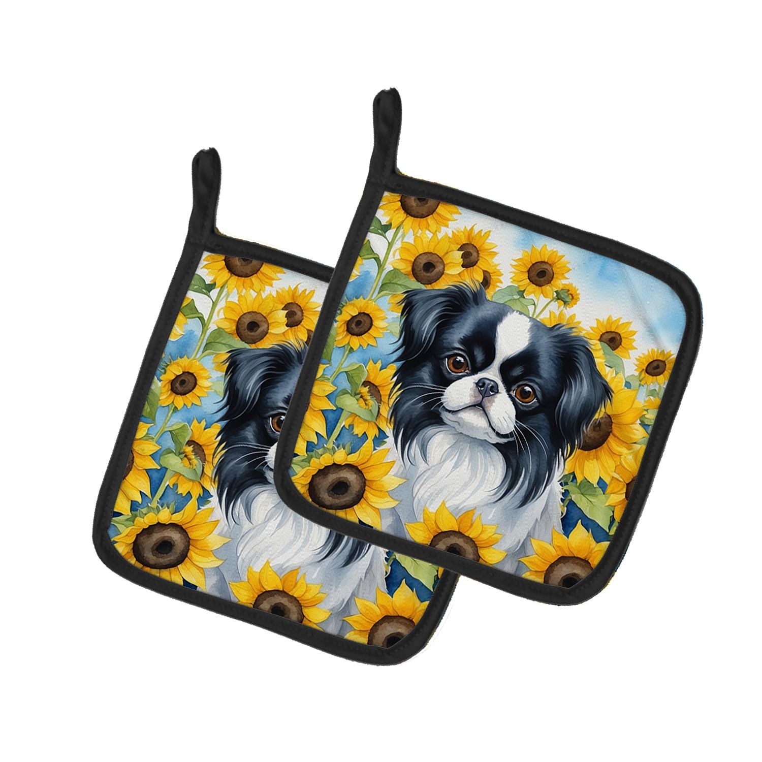 Japanese Chin in Sunflowers Pair of Pot Holders Kitchen Heat Resistant Pot Holders Sets Oven Hot Pads for Cooking Baking BBQ, 7 