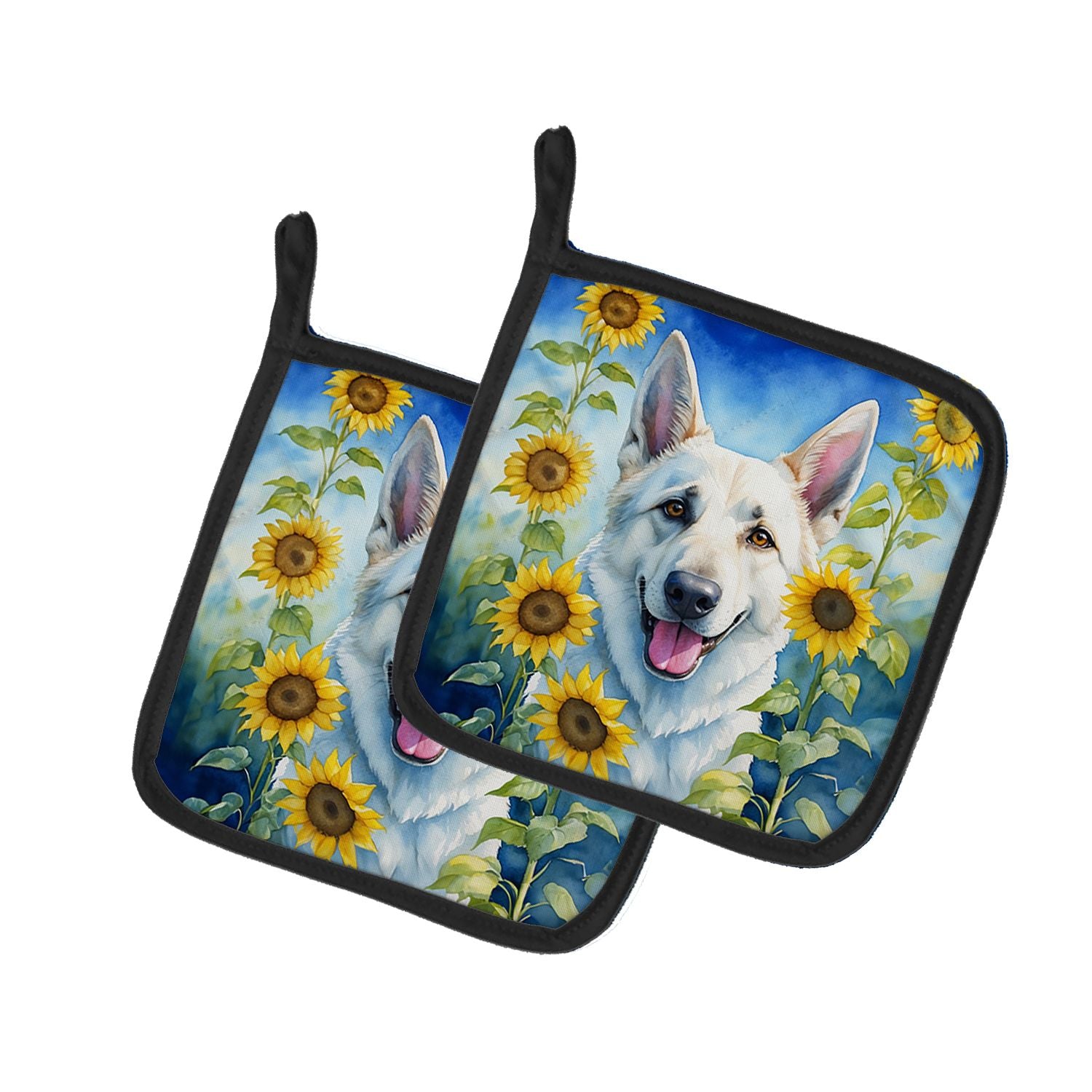 White German Shepherd in Sunflowers Pair of Pot Holders Kitchen Heat Resistant Pot Holders Sets Oven Hot Pads for Cooking Baking