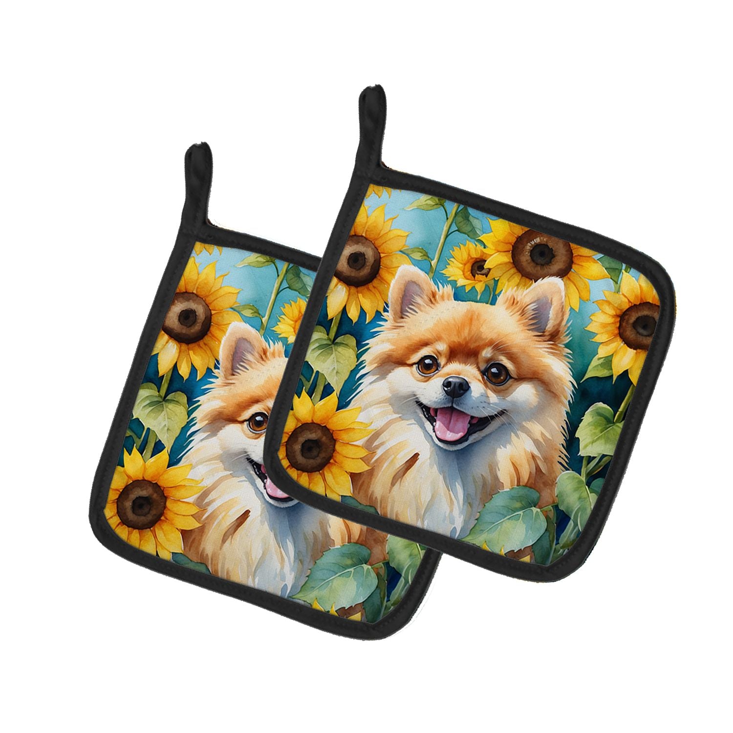 Pomeranian in Sunflowers Pair of Pot Holders Kitchen Heat Resistant Pot Holders Sets Oven Hot Pads for Cooking Baking BBQ, 7 1/2