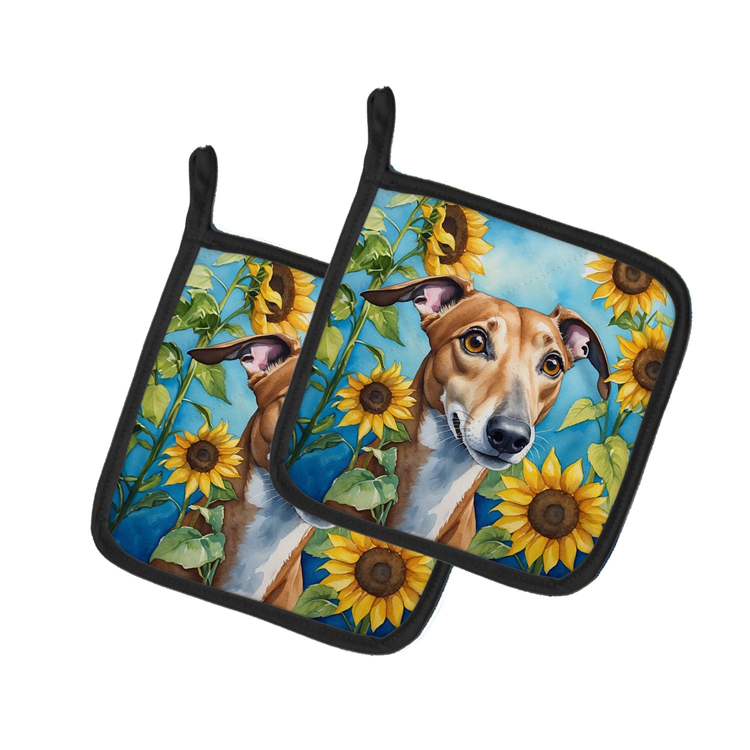 Greyhound in Sunflowers Pair of Pot Holders Kitchen Heat Resistant Pot Holders Sets Oven Hot Pads for Cooking Baking BBQ, 7 1/2 