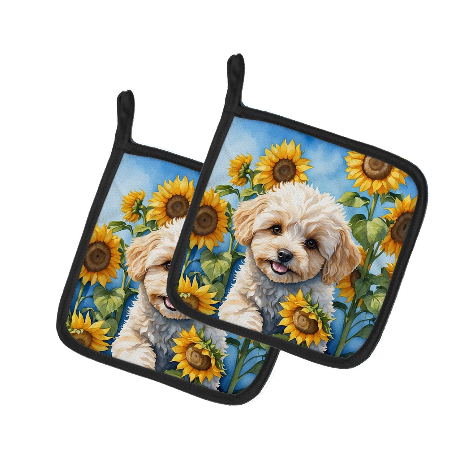 Maltipoo in Sunflowers Pair of Pot Holders Kitchen Heat Resistant Pot Holders Sets Oven Hot Pads for Cooking Baking BBQ, 7 1/2 x