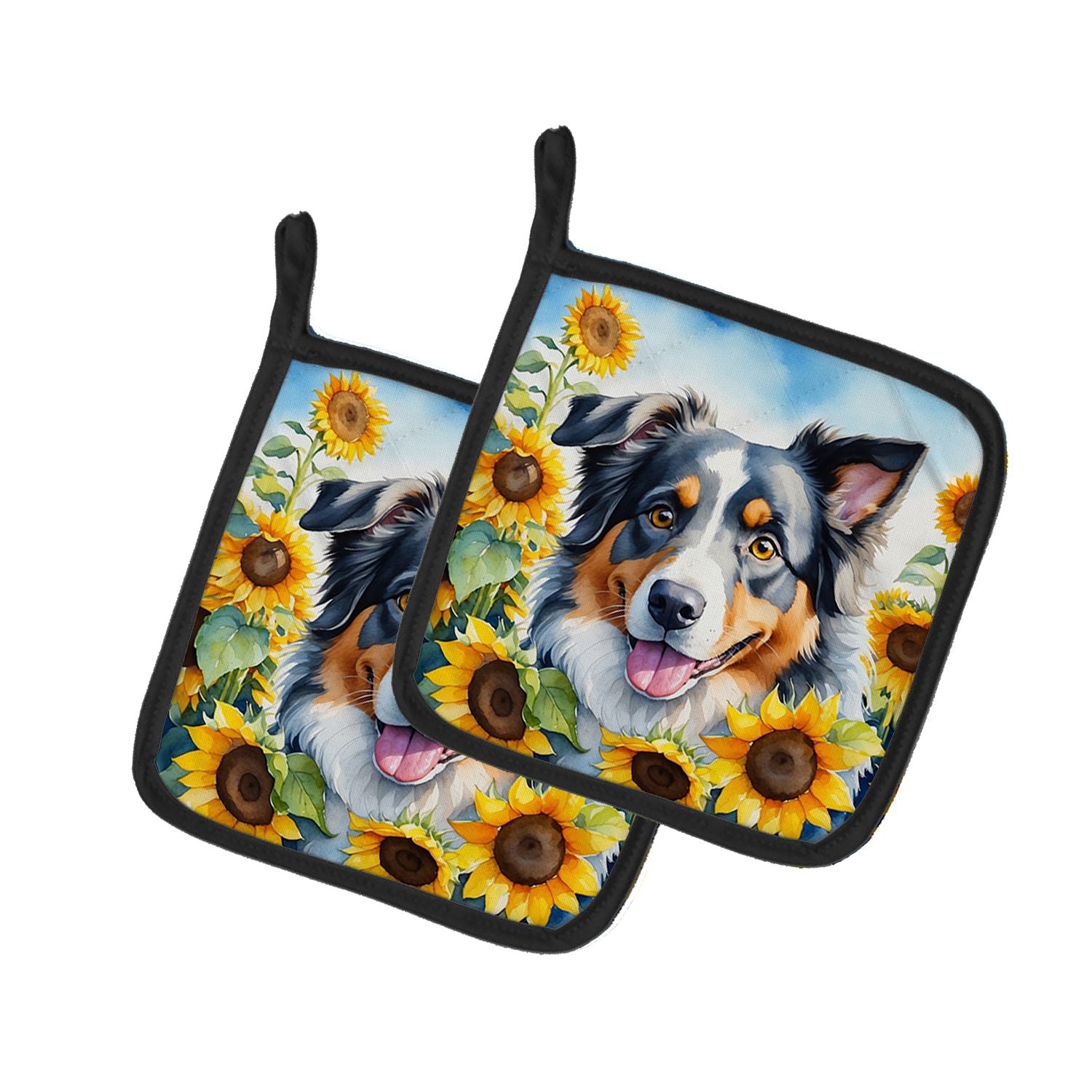 Australian Shepherd in Sunflowers Pair of Pot Holders Kitchen Heat Resistant Pot Holders Sets Oven Hot Pads for Cooking Baking B
