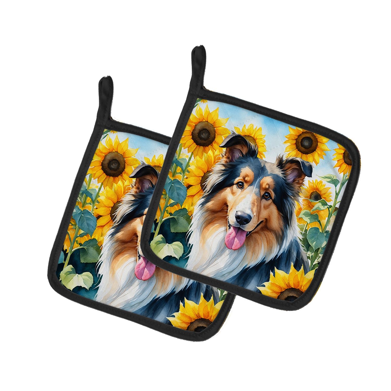 Collie in Sunflowers Pair of Pot Holders Kitchen Heat Resistant Pot Holders Sets Oven Hot Pads for Cooking Baking BBQ, 7 1/2 x 7