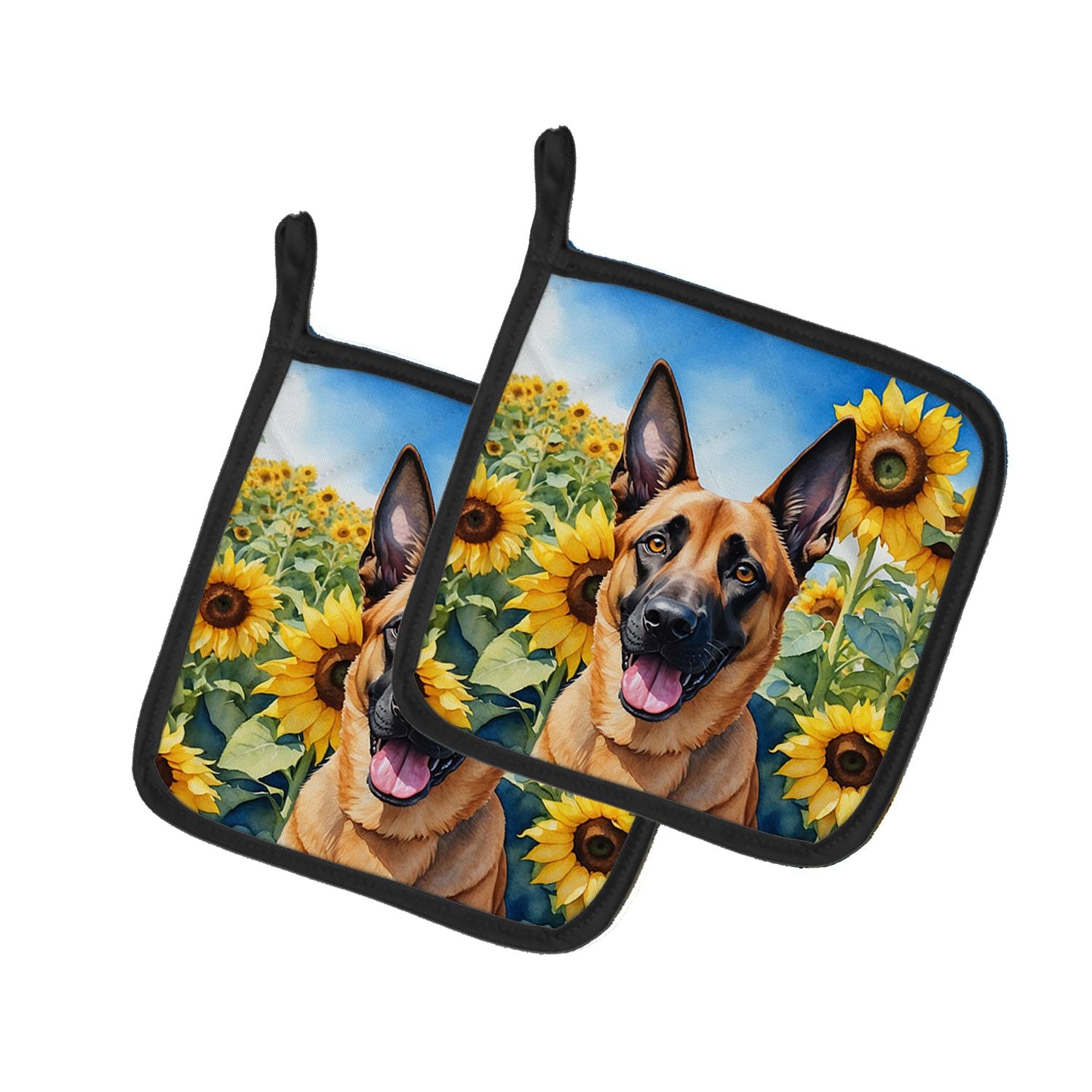 Belgian Malinois in Sunflowers Pair of Pot Holders Kitchen Heat Resistant Pot Holders Sets Oven Hot Pads for Cooking Baking BBQ,