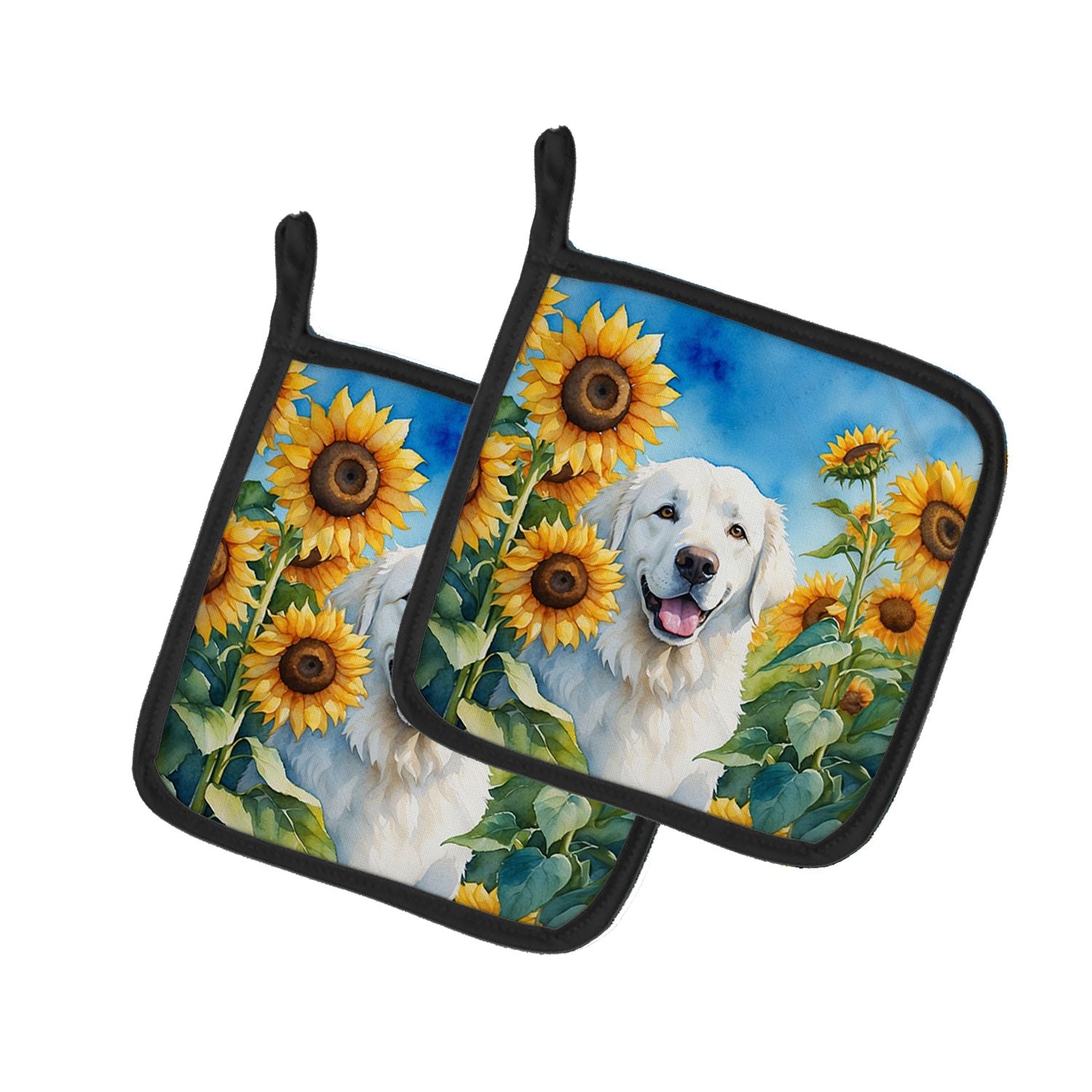 Kuvasz in Sunflowers Pair of Pot Holders Kitchen Heat Resistant Pot Holders Sets Oven Hot Pads for Cooking Baking BBQ, 7 1/2 x 7