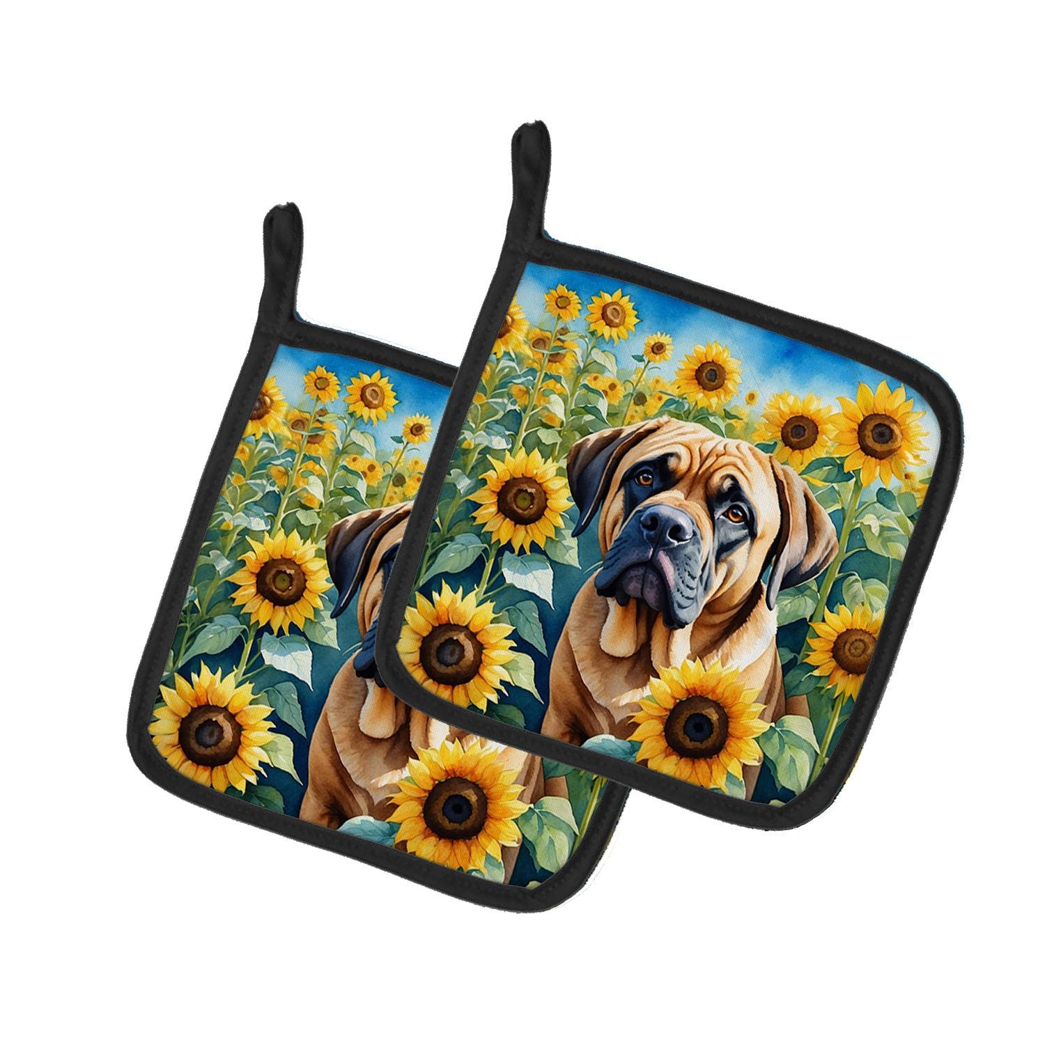 Mastiff in Sunflowers Pair of Pot Holders Kitchen Heat Resistant Pot Holders Sets Oven Hot Pads for Cooking Baking BBQ, 7 1/2 x 