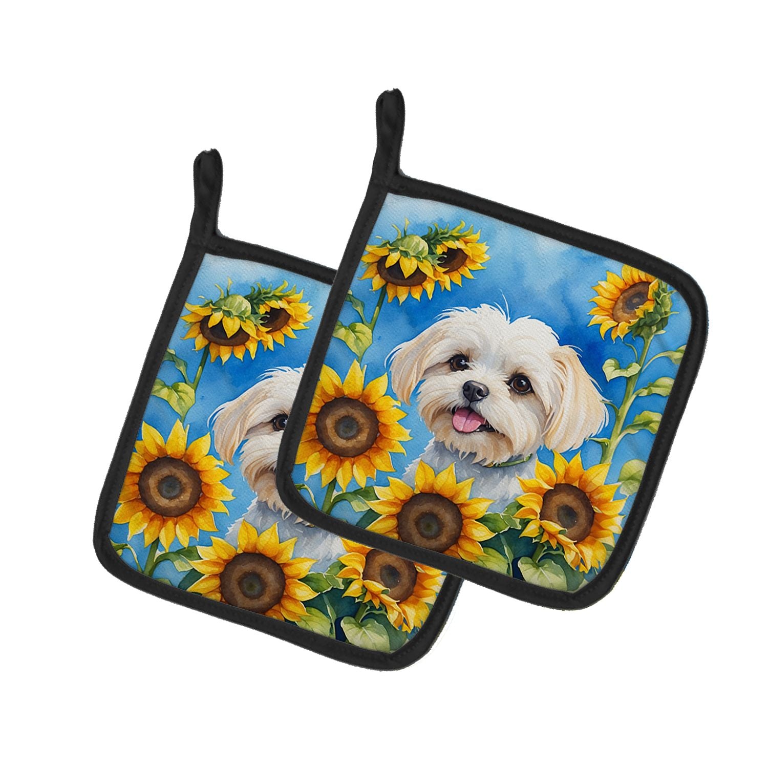 Maltese in Sunflowers Pair of Pot Holders Kitchen Heat Resistant Pot Holders Sets Oven Hot Pads for Cooking Baking BBQ, 7 1/2 x 