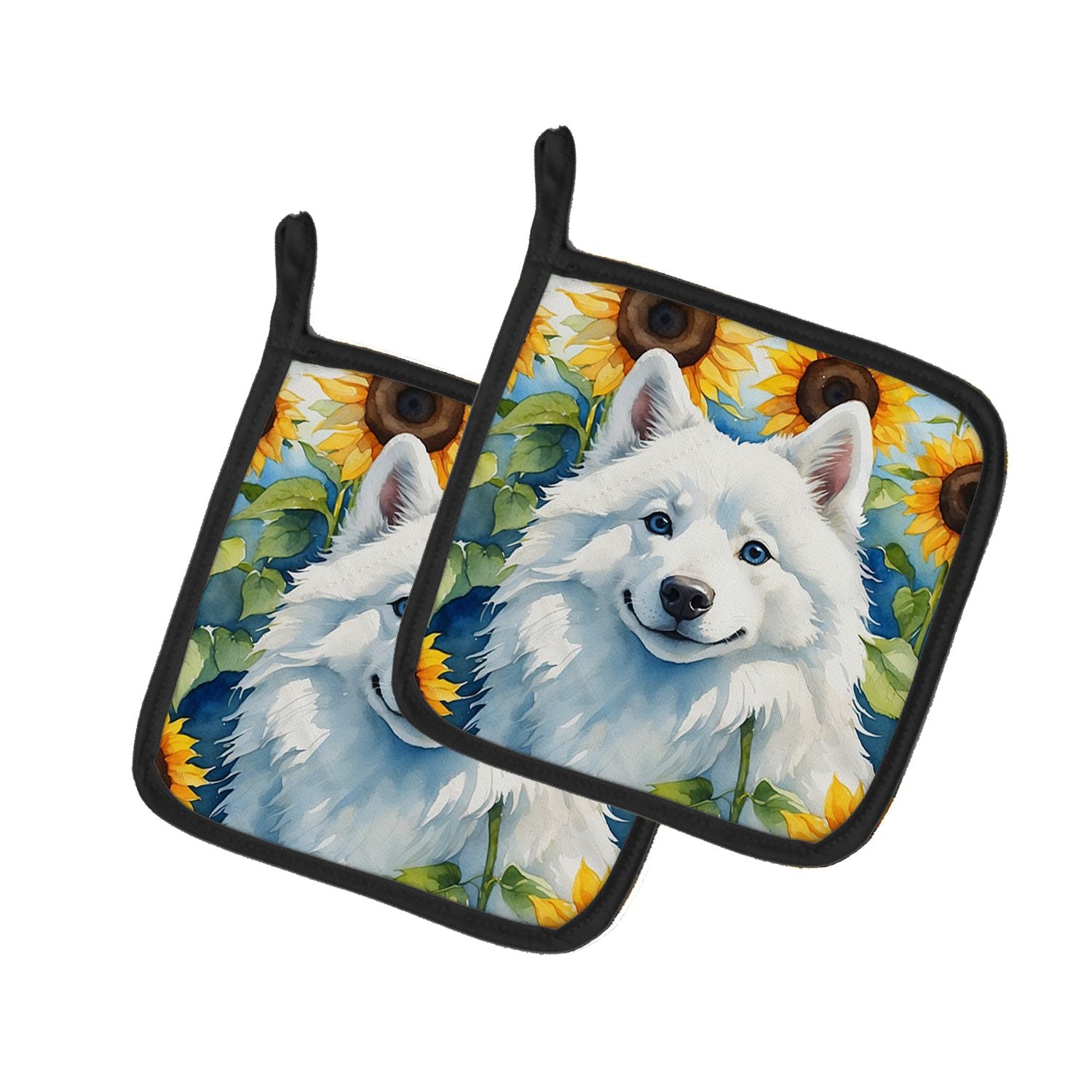 American Eskimo in Sunflowers Pair of Pot Holders Kitchen Heat Resistant Pot Holders Sets Oven Hot Pads for Cooking Baking BBQ, 