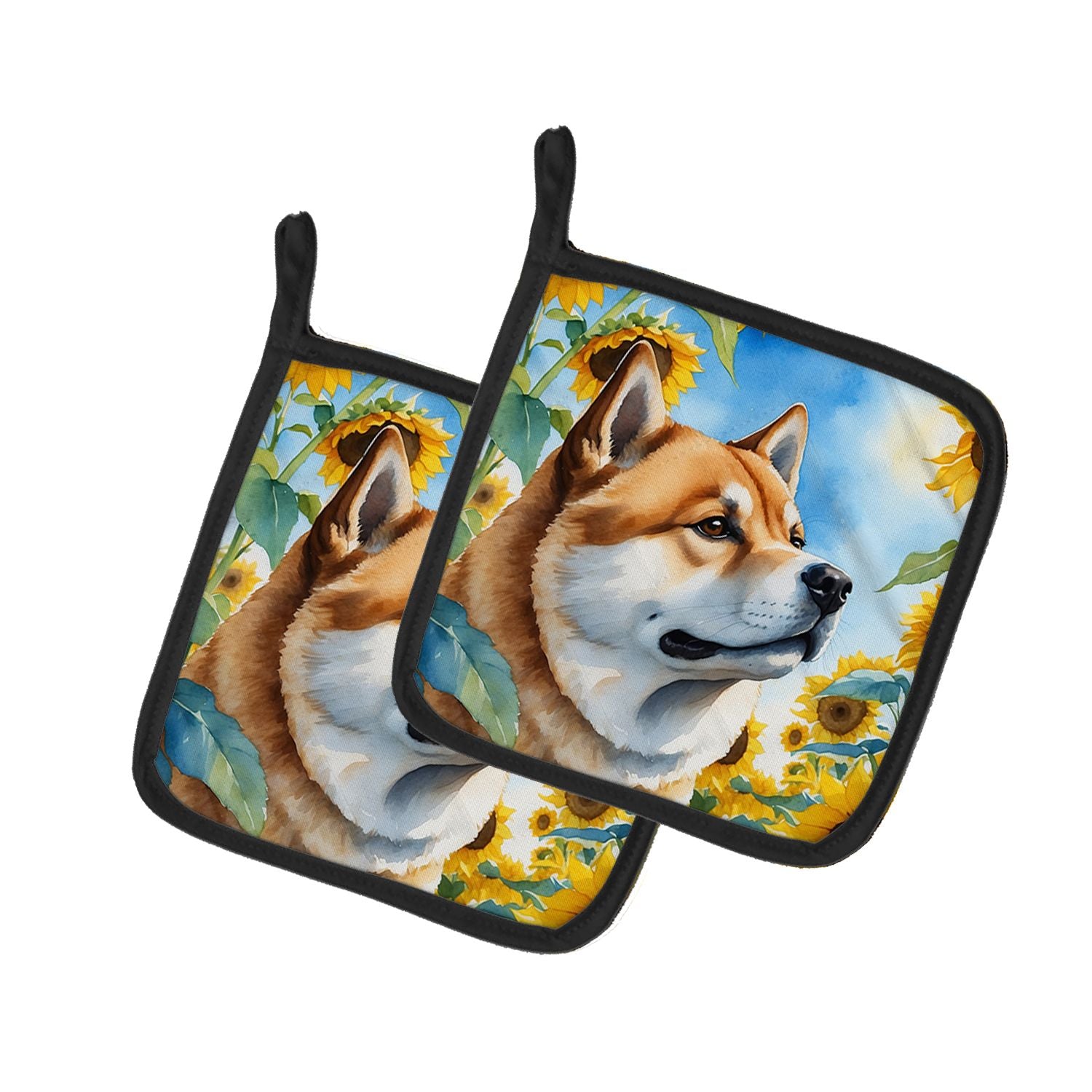 Akita in Sunflowers Pair of Pot Holders Kitchen Heat Resistant Pot Holders Sets Oven Hot Pads for Cooking Baking BBQ, 7 1/2 x 7 