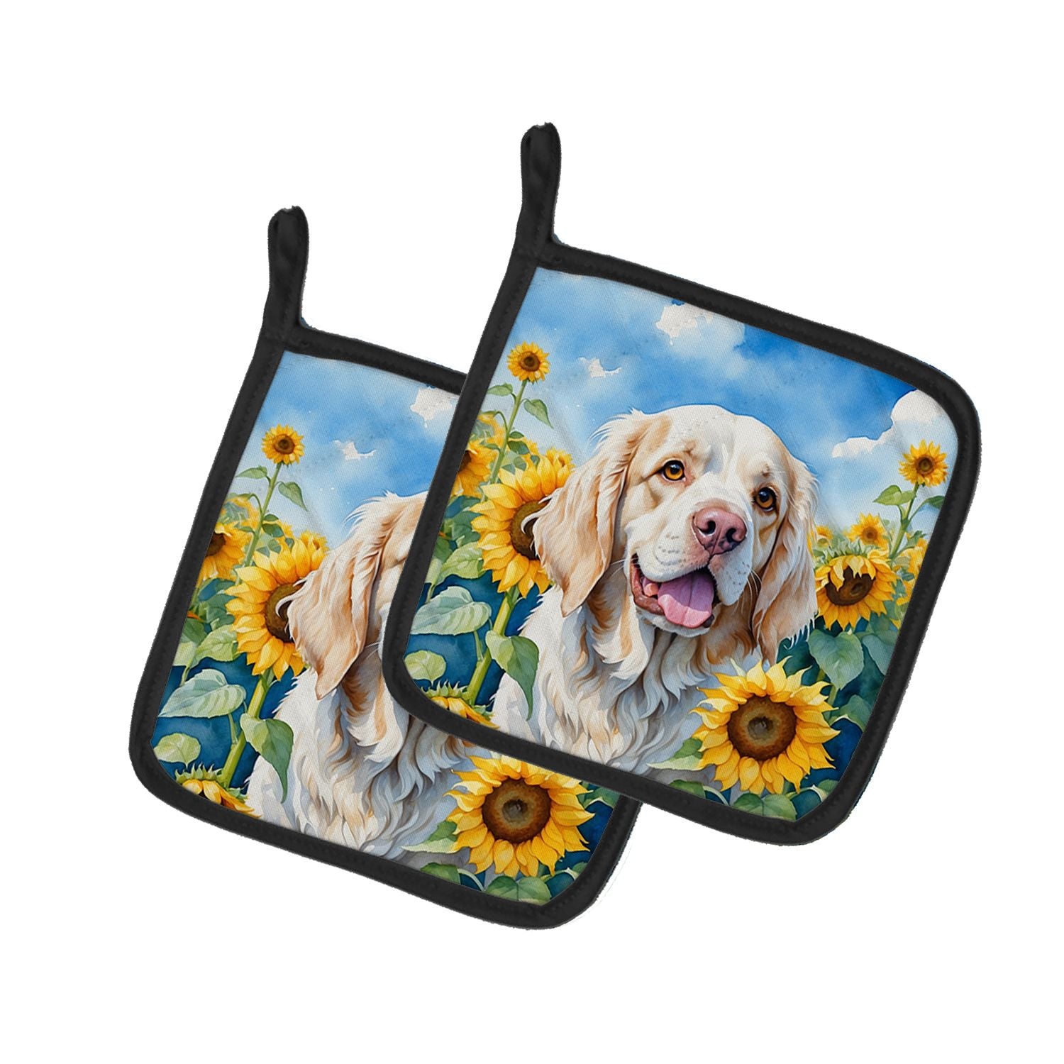Clumber Spaniel in Sunflowers Pair of Pot Holders Kitchen Heat Resistant Pot Holders Sets Oven Hot Pads for Cooking Baking BBQ, 