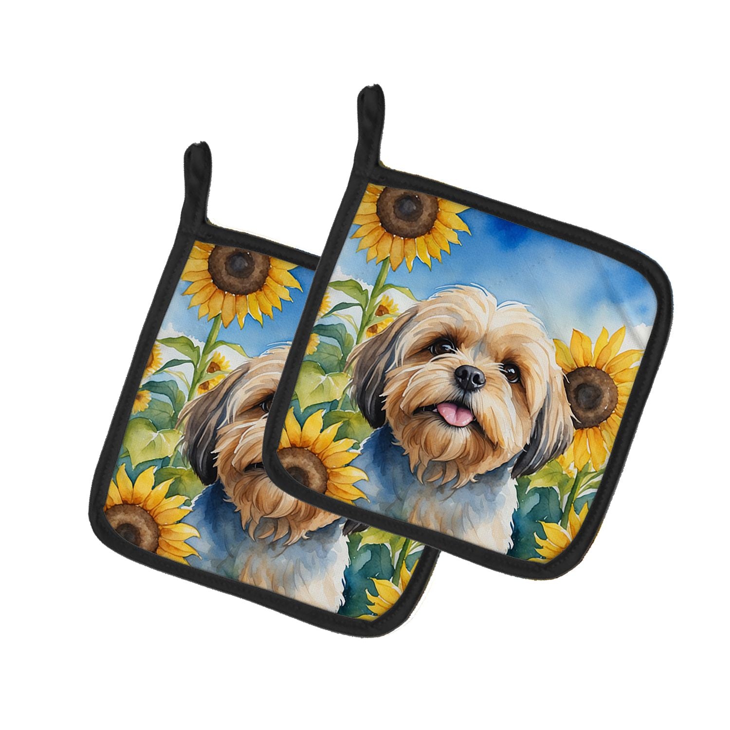 Lhasa Apso in Sunflowers Pair of Pot Holders Kitchen Heat Resistant Pot Holders Sets Oven Hot Pads for Cooking Baking BBQ, 7 1/2