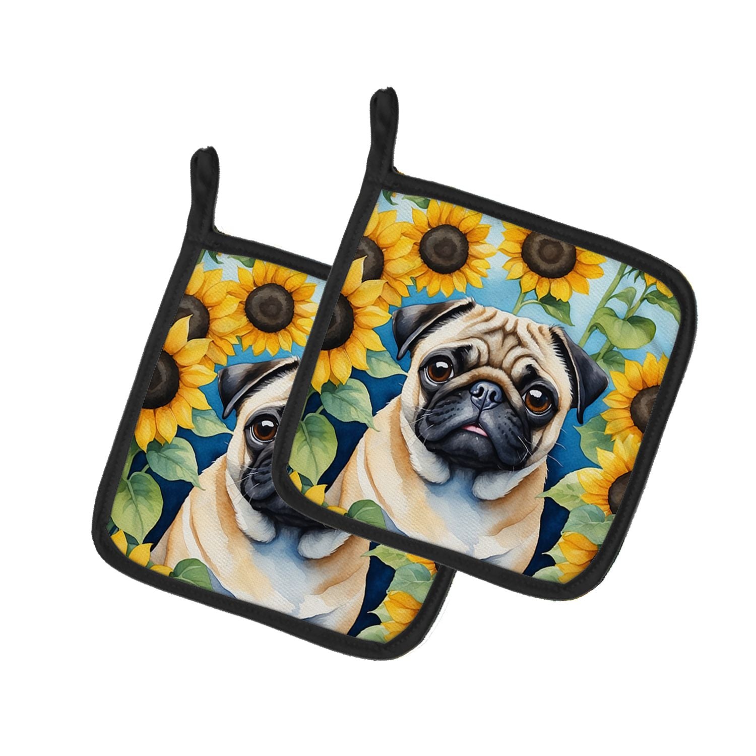 Pug in Sunflowers Pair of Pot Holders Kitchen Heat Resistant Pot Holders Sets Oven Hot Pads for Cooking Baking BBQ, 7 1/2 x 7 1/