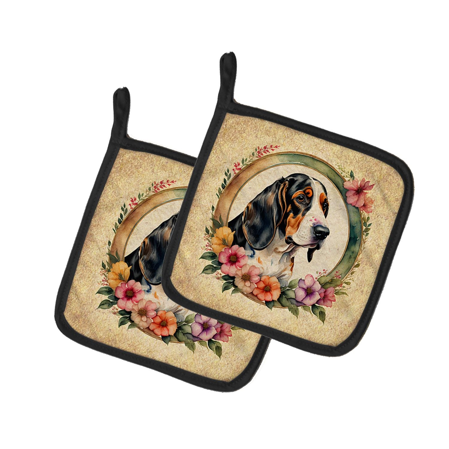 Basset Hound and Flowers Pair of Pot Holders Kitchen Heat Resistant Pot Holders Sets Oven Hot Pads for Cooking Baking BBQ, 7 1/2