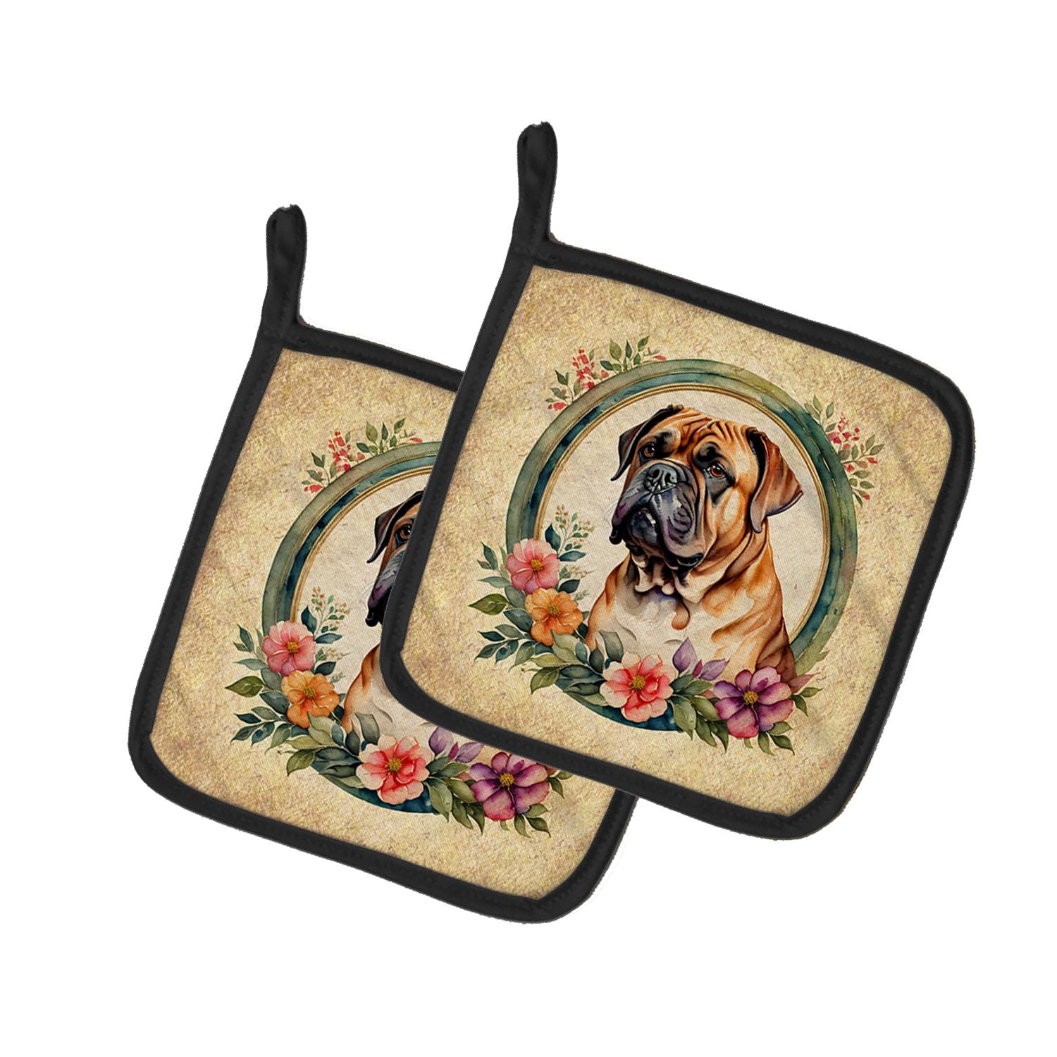 Dogue de Bordeaux and Flowers Pair of Pot Holders Kitchen Heat Resistant Pot Holders Sets Oven Hot Pads for Cooking Baking BBQ, 