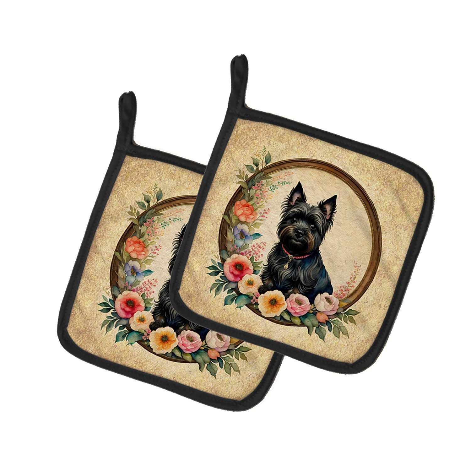 Cairn Terrier and Flowers Pair of Pot Holders Kitchen Heat Resistant Pot Holders Sets Oven Hot Pads for Cooking Baking BBQ, 7 1/