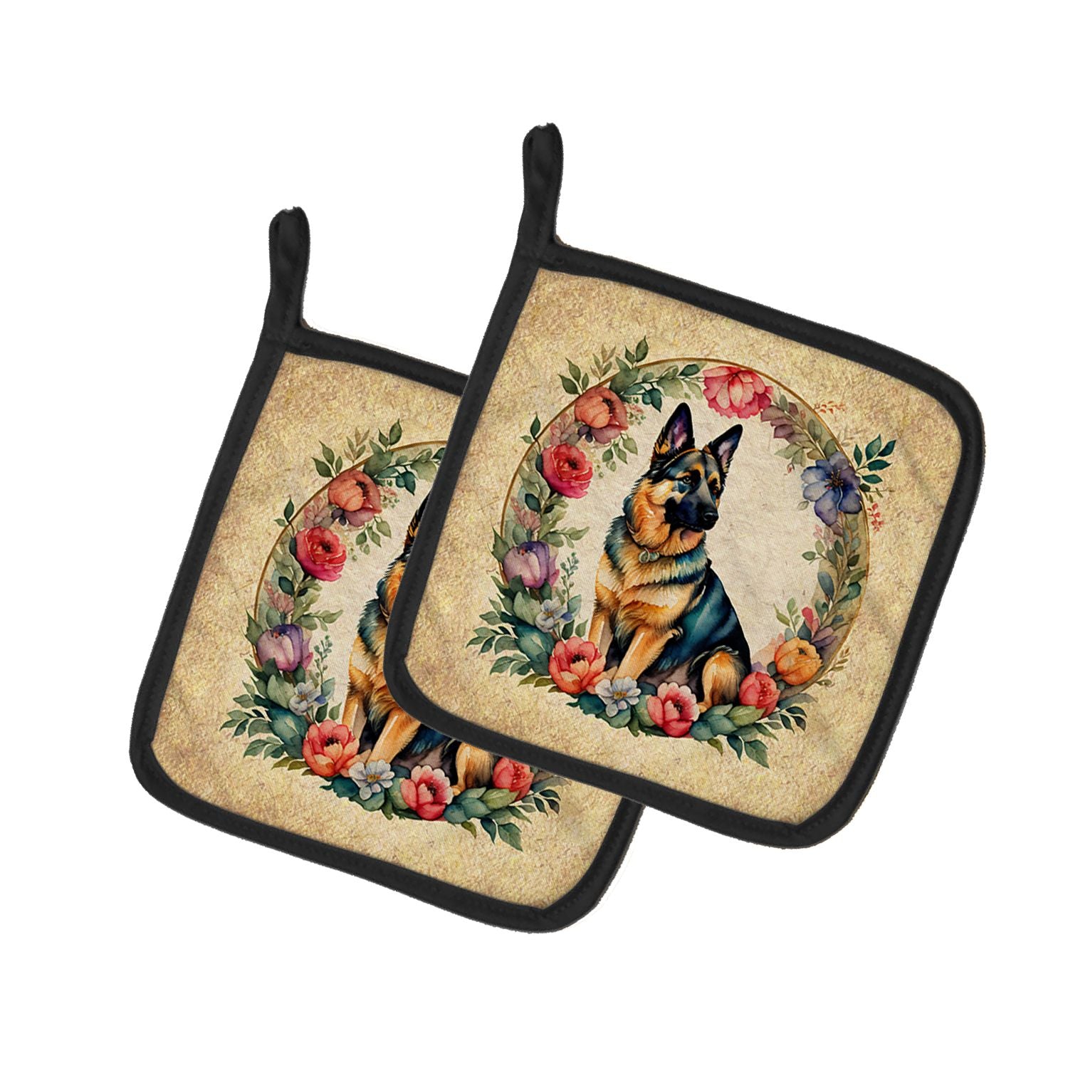 German Shepherd and Flowers Pair of Pot Holders Kitchen Heat Resistant Pot Holders Sets Oven Hot Pads for Cooking Baking BBQ, 7 